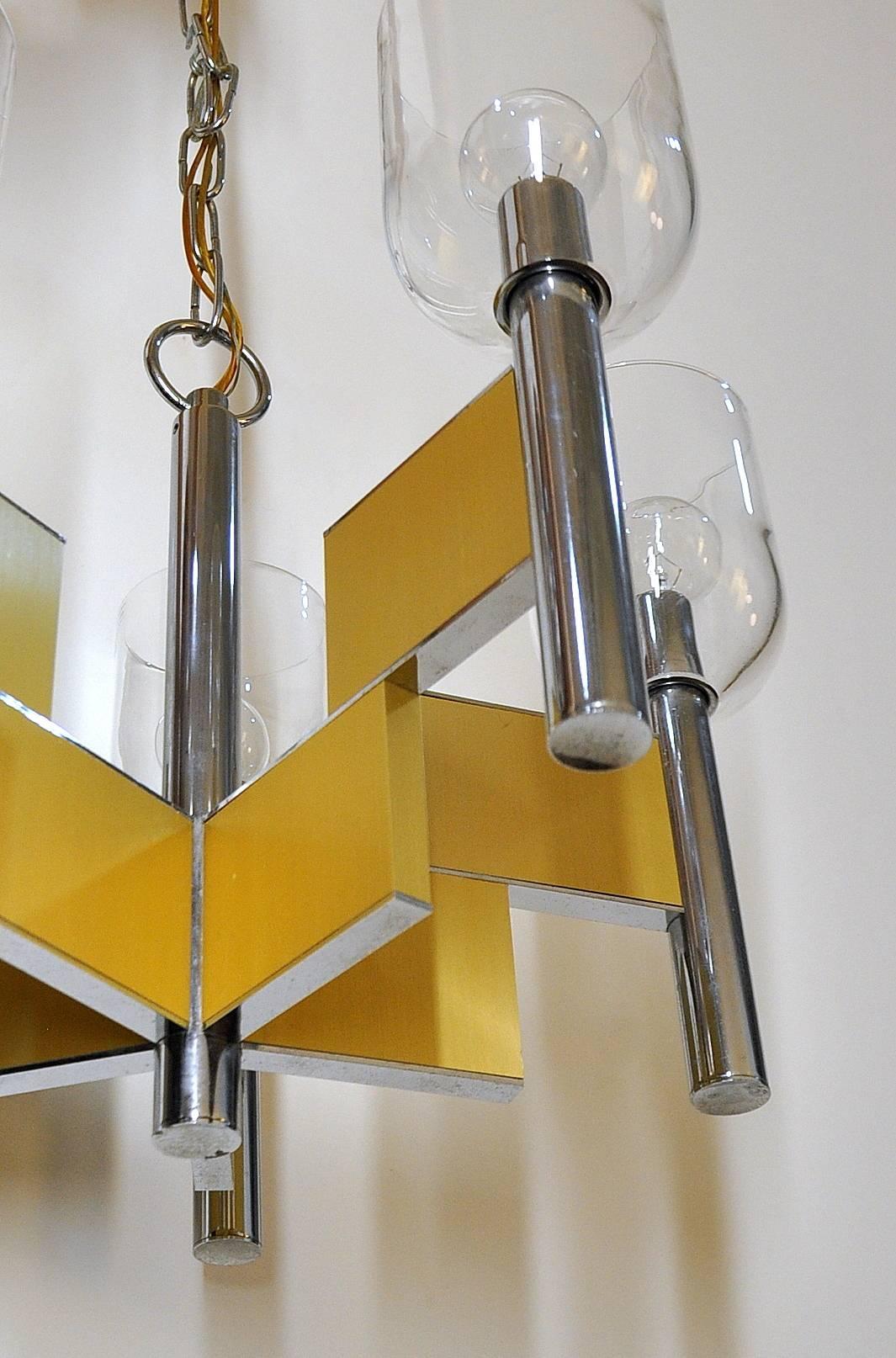 Gaetano Sciolari Geometric Brass, Chrome and Glass Chandelier In Good Condition In Miami, FL