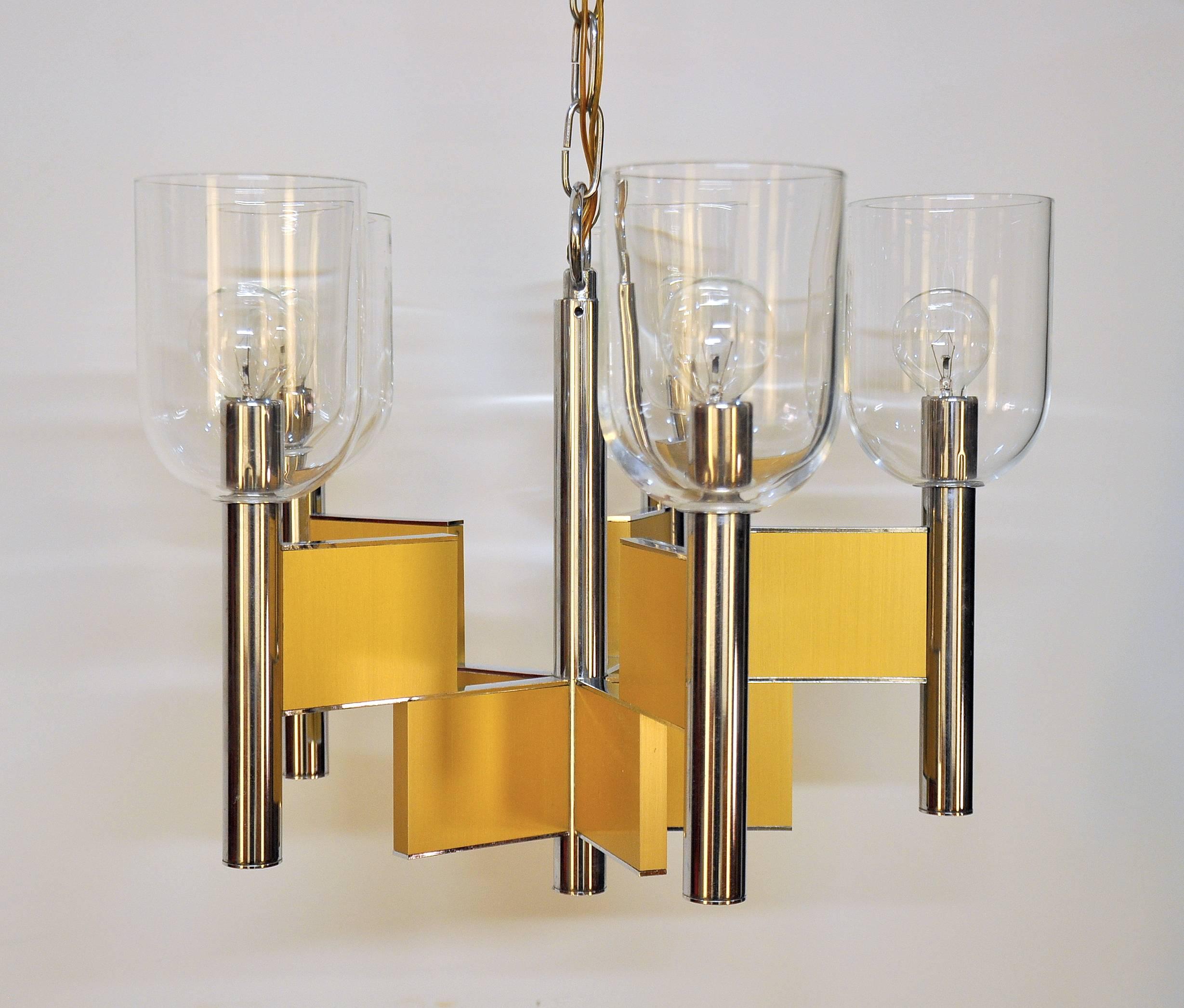 Italian Gaetano Sciolari Geometric Brass, Chrome and Glass Chandelier