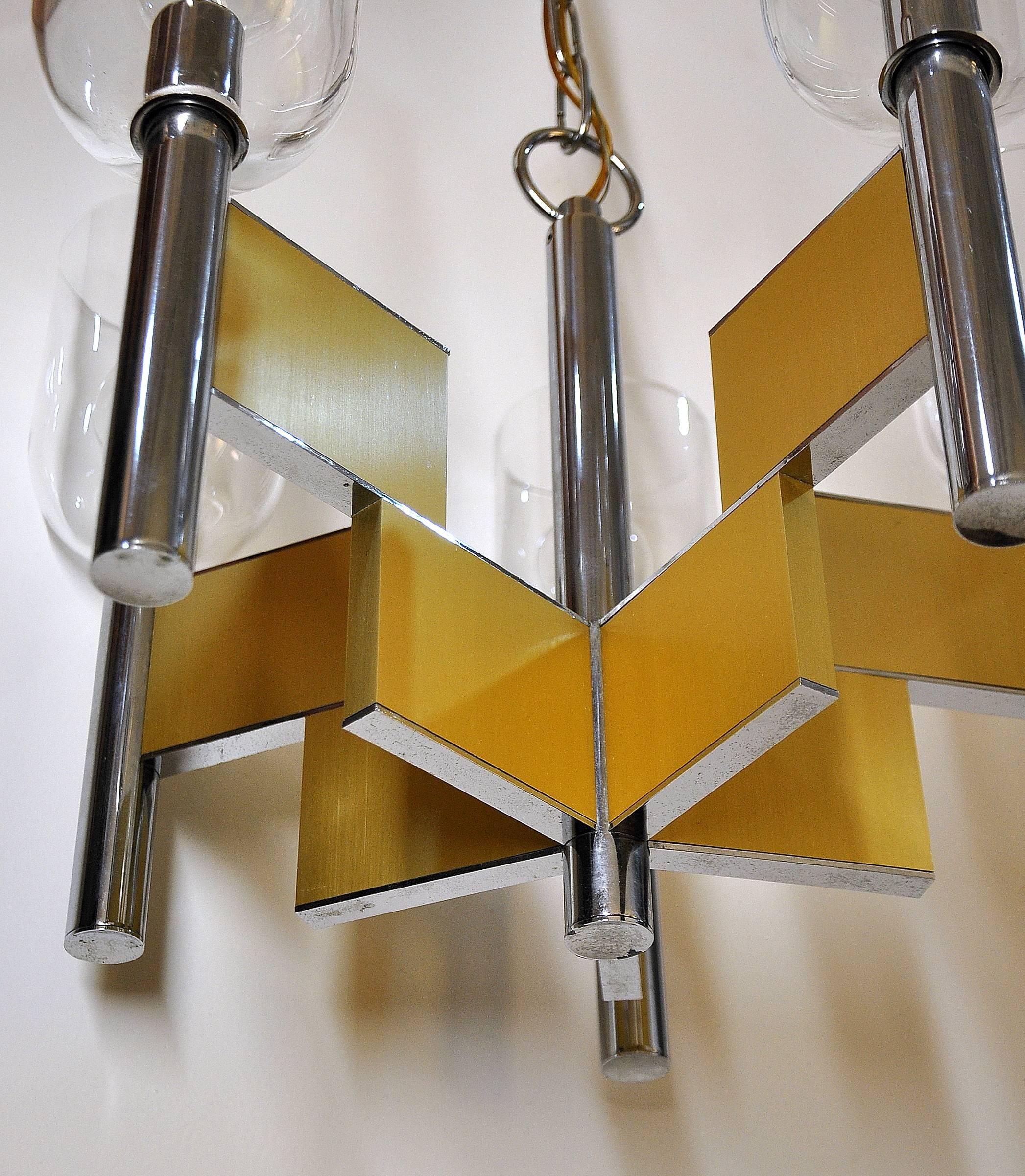 Blown Glass Gaetano Sciolari Geometric Brass, Chrome and Glass Chandelier