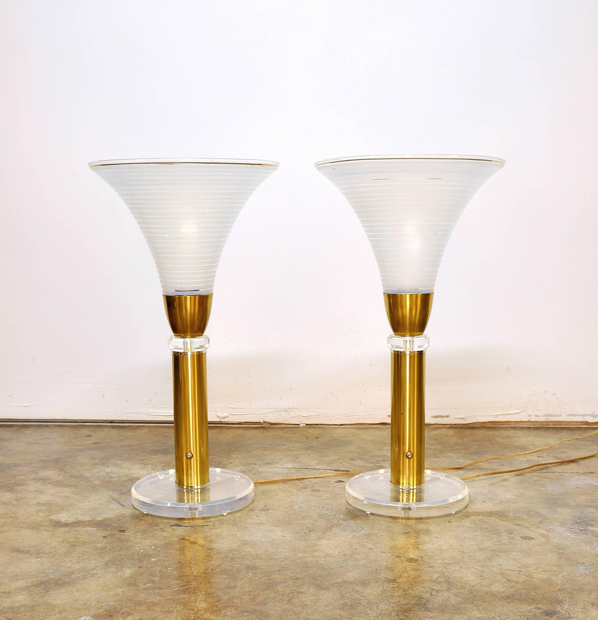 Large Pair of Karl Springer Brass, Lucite and Murano Glass Torchiere Lamps 4