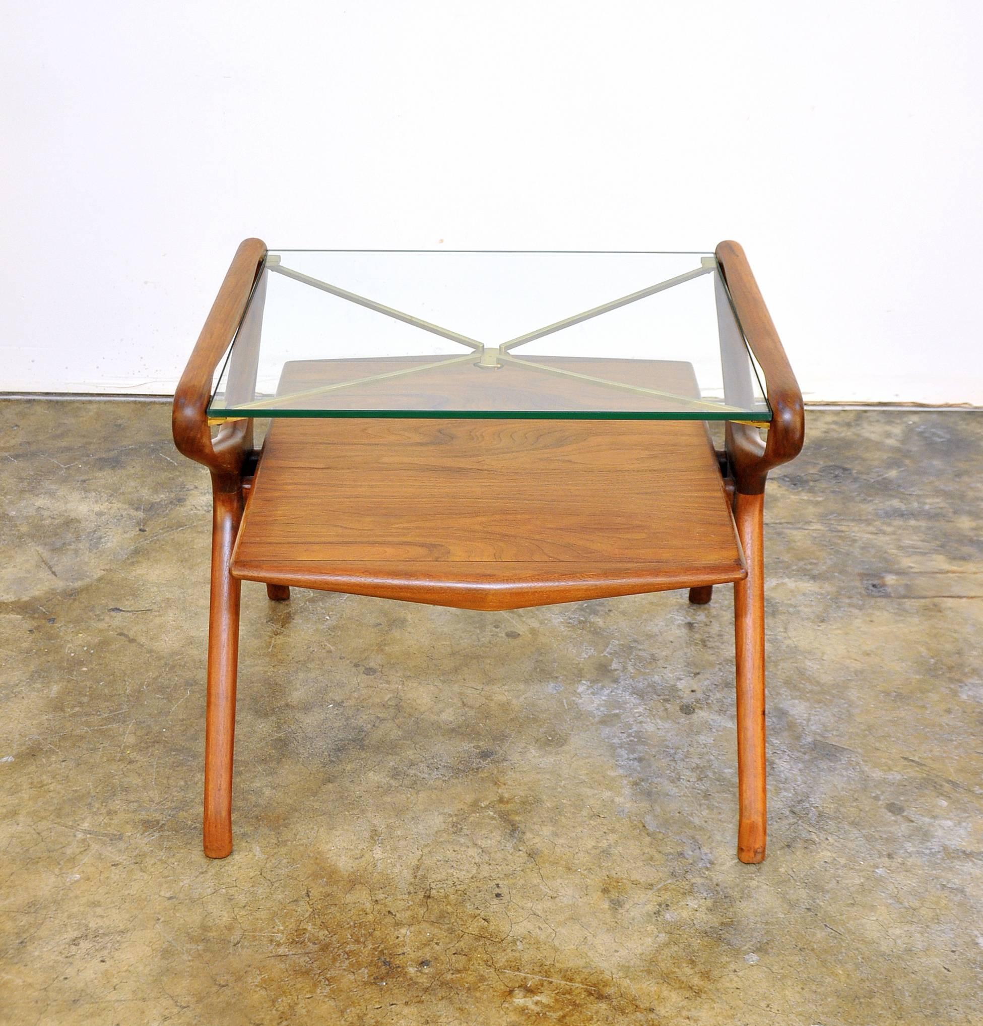 Italian Mid-Century Modern Walnut, Brass and Glass Two-Tier Side Table, 1950s 1