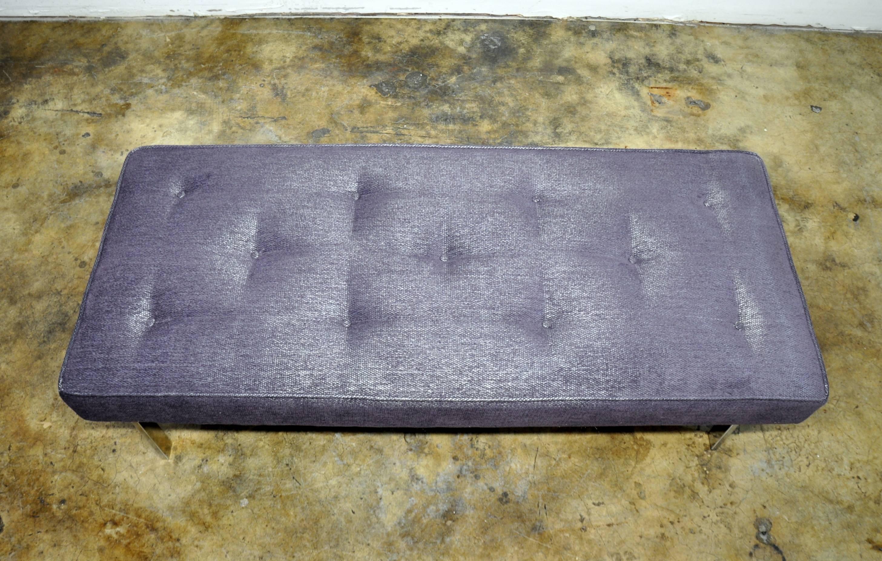 Chenille Mid-Century Modern Milo Baughman Style Chrome Upholstered Bench