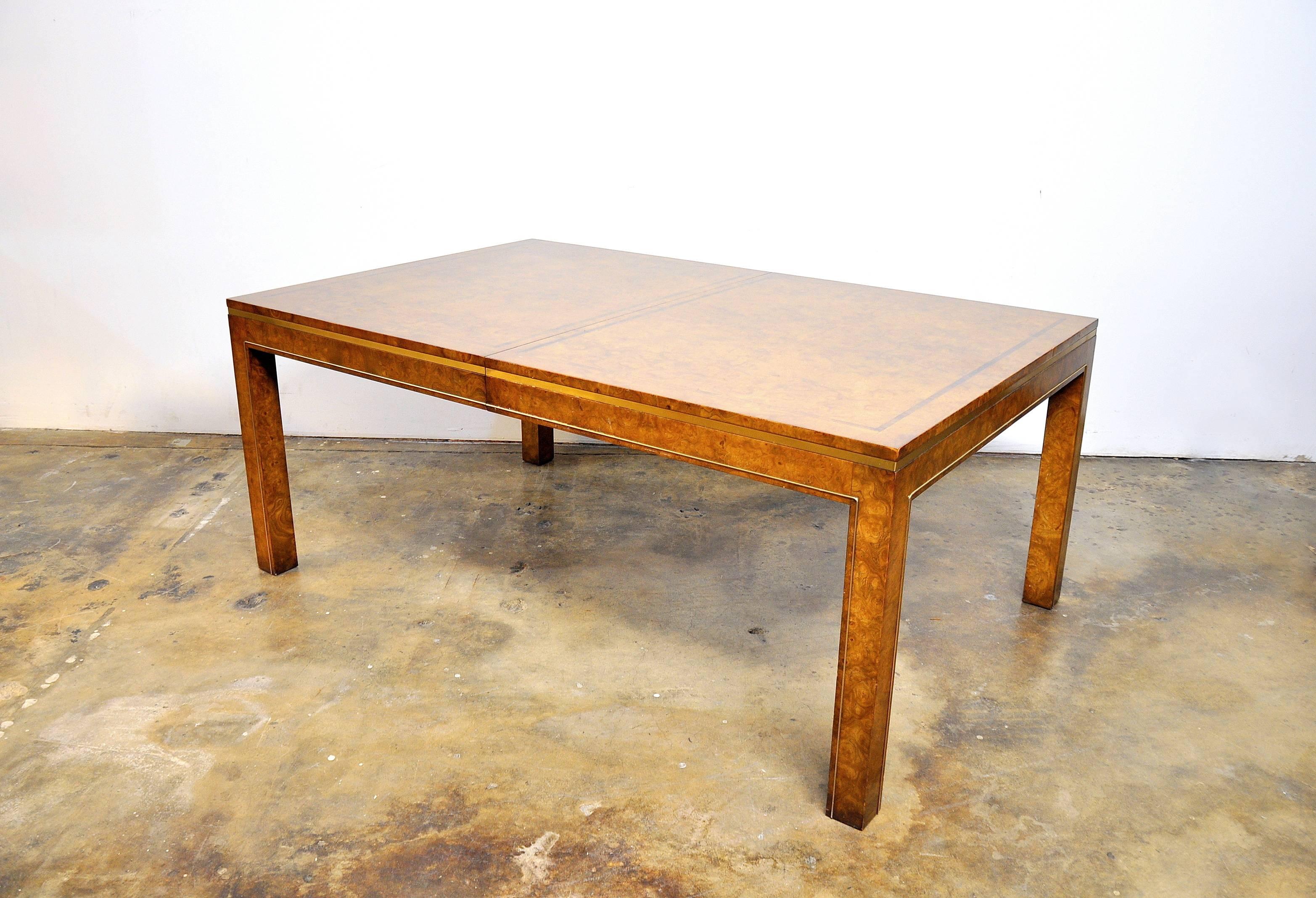 Mid-Century Modern Mastercraft Amboyna Burl, Rosewood and Brass Extension Dining Table