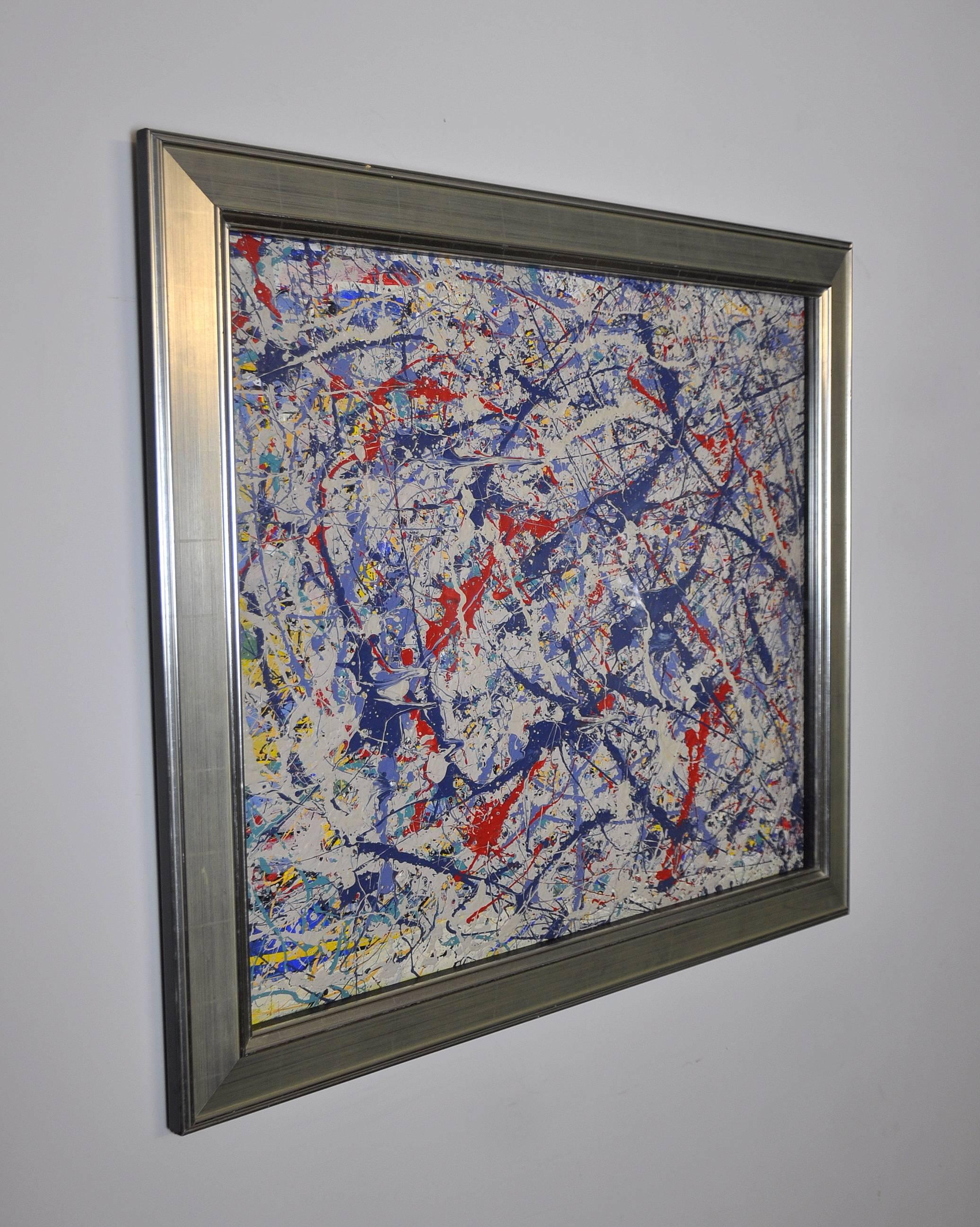 Large and decorative acrylic painting on art illustration board by contemporary artist John Frates (B.1943). Inspired by Jackson Pollock and painted in the midcentury abstract Expressionist style, the work of art exhibits vivid dark blue and red
