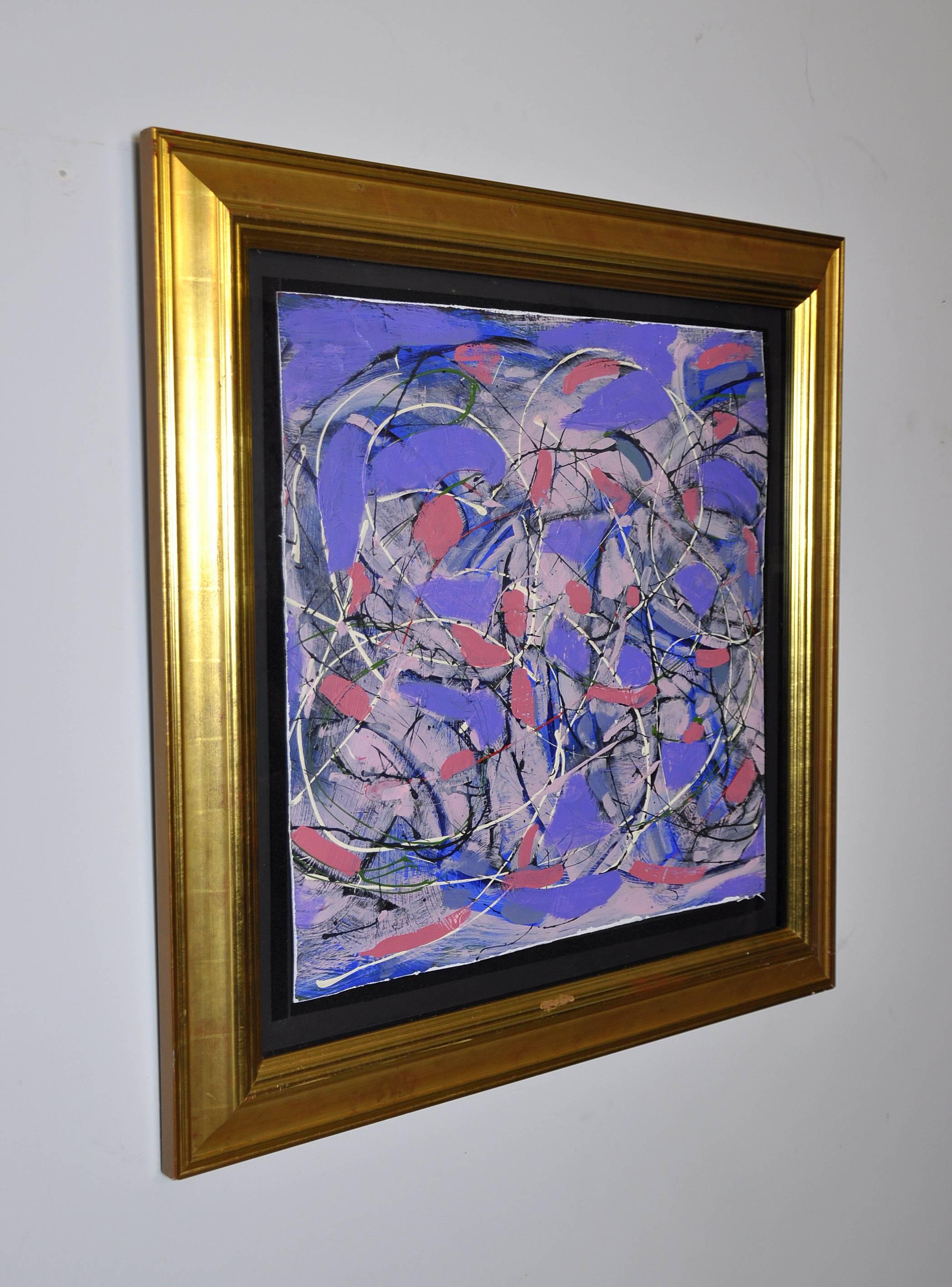 Decorative oil on art board painting by contemporary artist John Frates (b.1943). Painted in the Mid-entury abstract Expressionist style, the work of art exhibits vivid purple and pink complemented by white, black and pastel pink. Signed, dated and