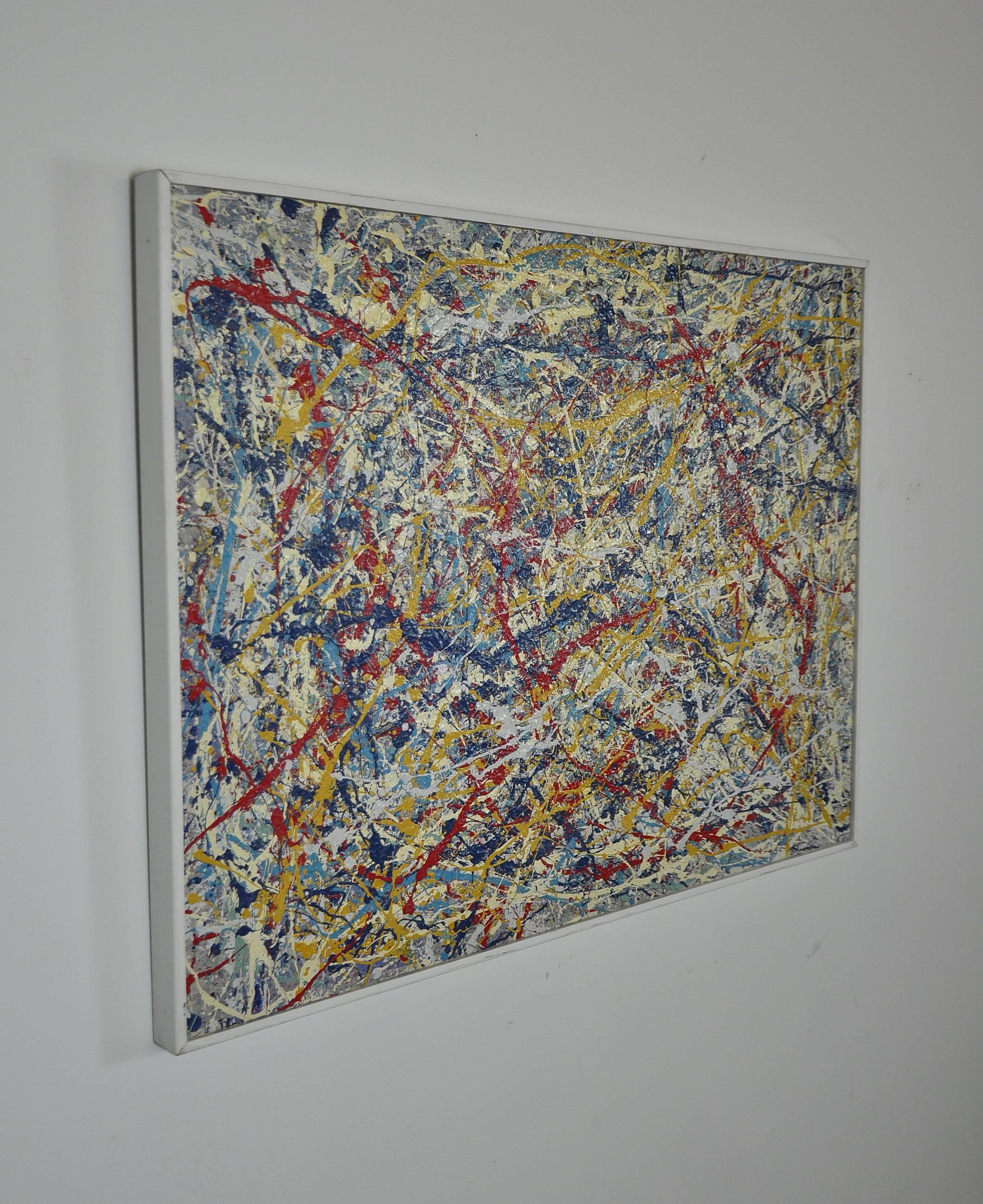 Striking acrylic painting by contemporary artist John Frates (b.1943). Inspired by Jackson Pollock and painted in the Mid-Century Modern abstract expressionist style, the work of art exhibits vivid red, yellow and dark blue paint drips complemented