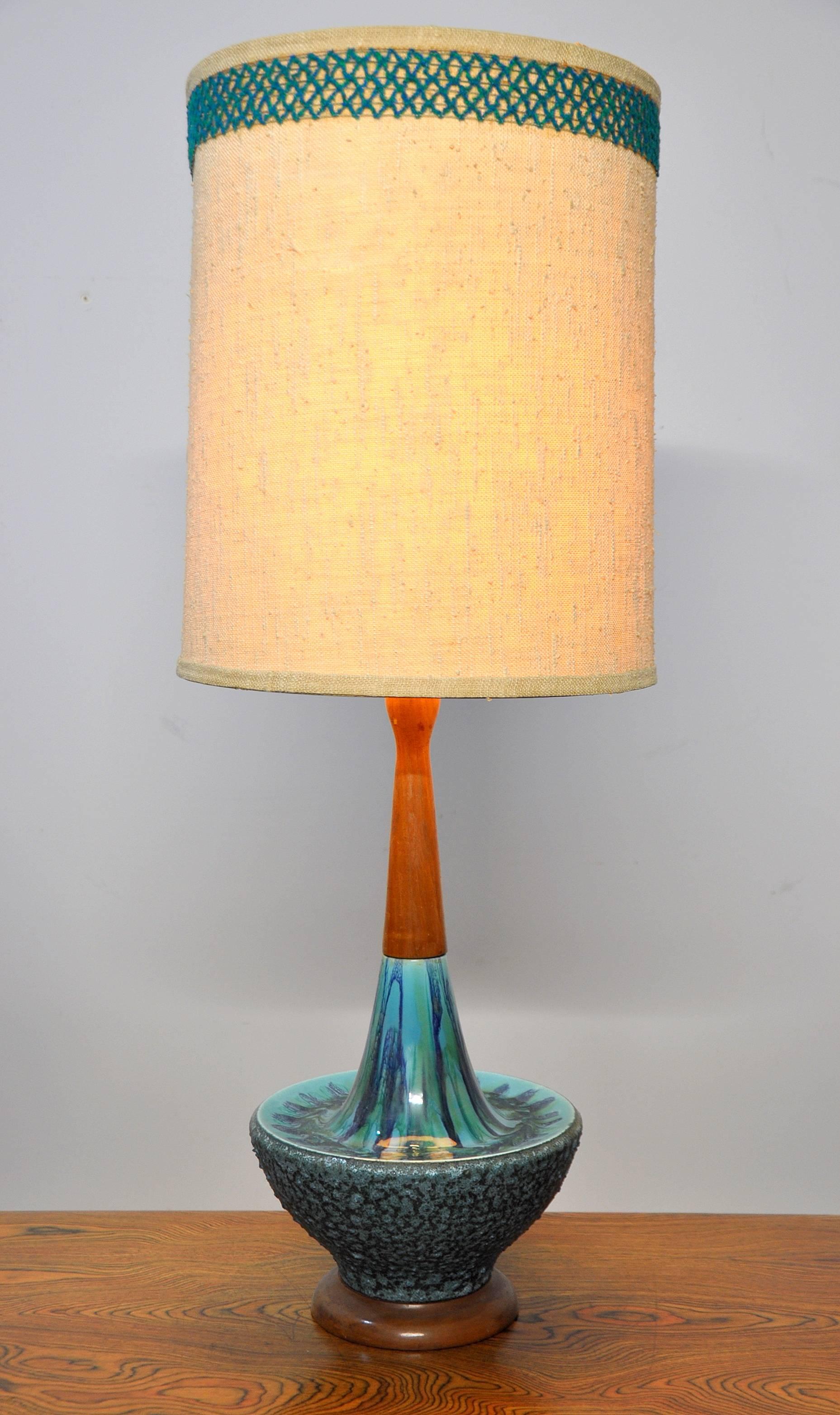 American Large Danish Modern Drip Glaze Ceramic and Teak Table Lamp