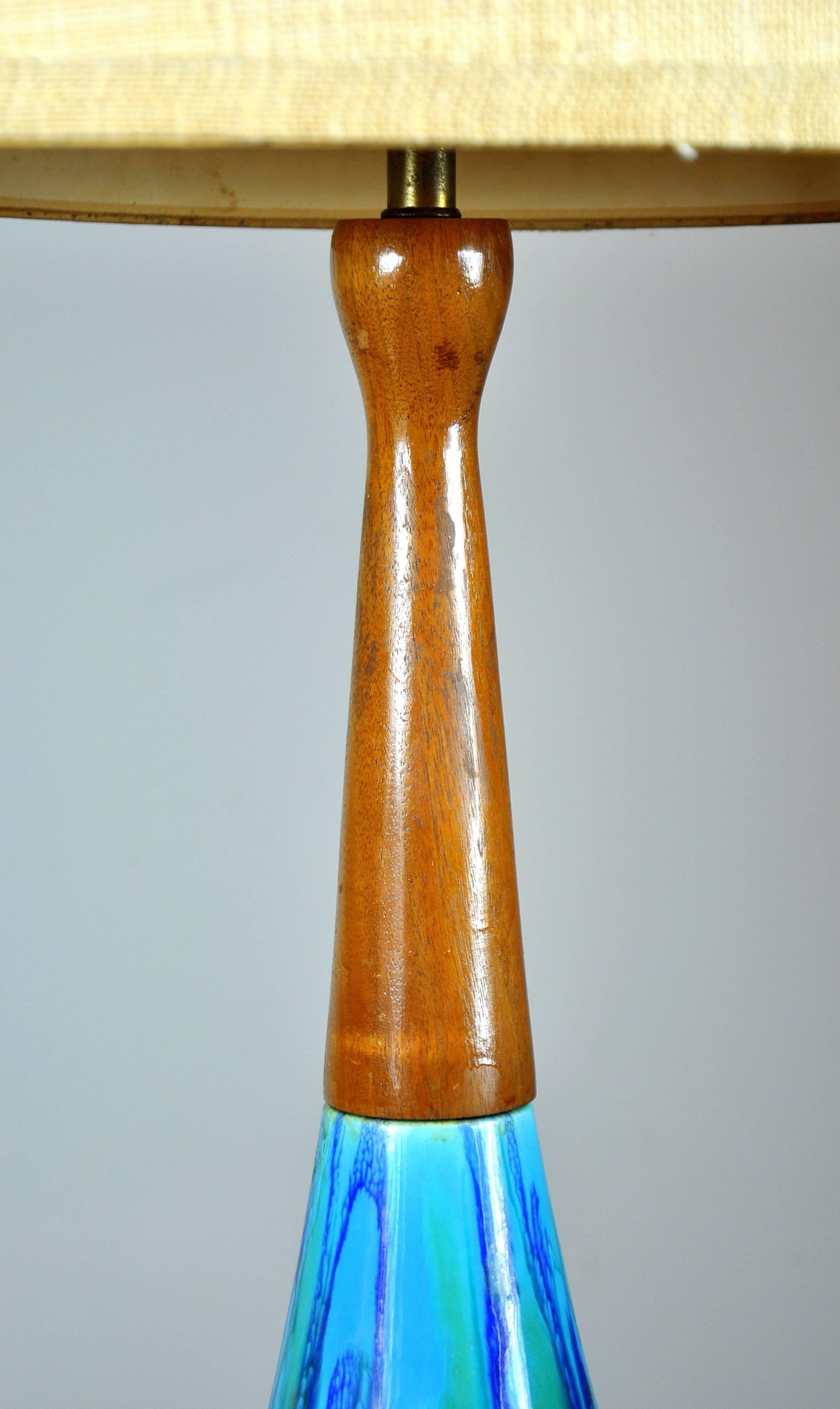 Mid-Century Modern Large Danish Modern Drip Glaze Ceramic and Teak Table Lamp