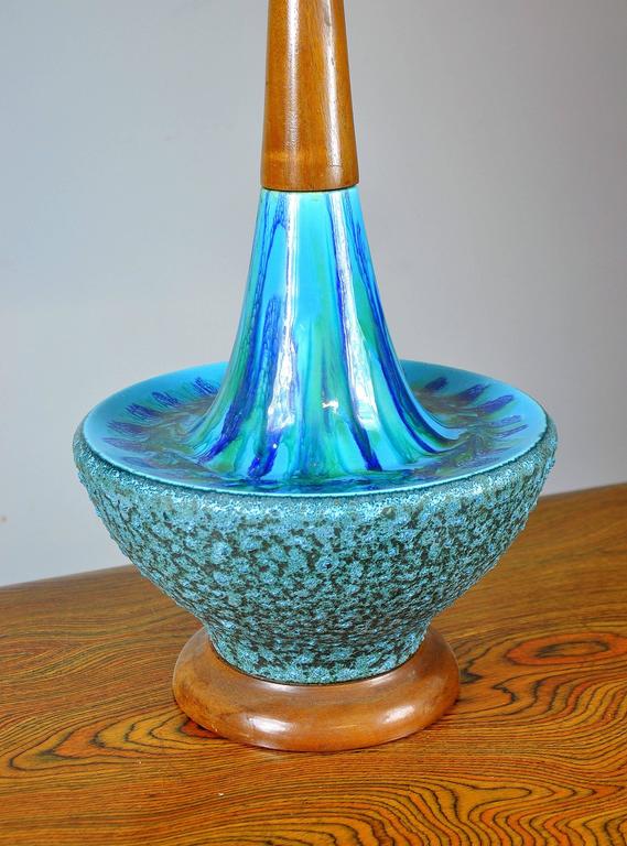 Large Danish Modern Drip Glaze Ceramic and Teak Table Lamp at 1stDibs