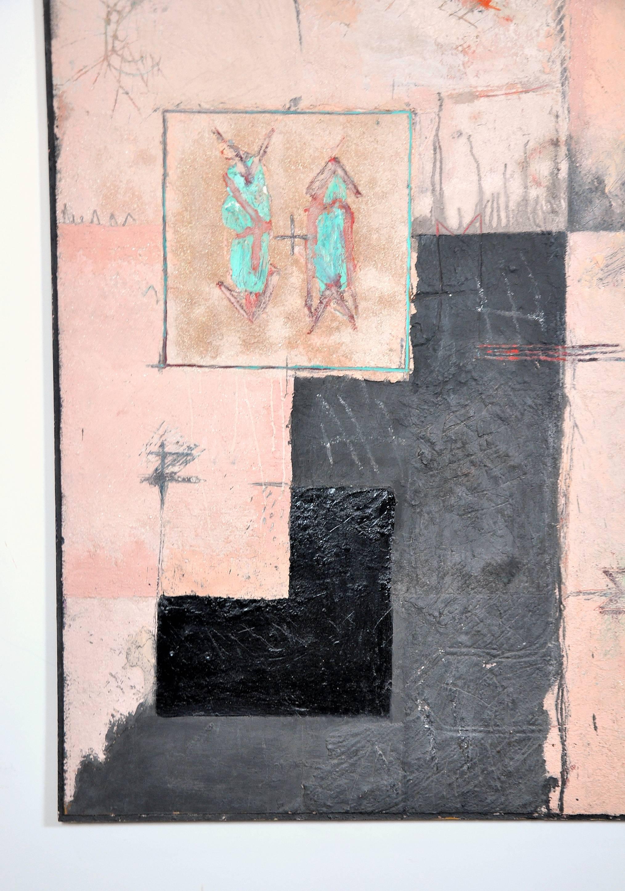 Large and captivating mixed media on black painted board featuring black, grey, peach and turquoise tones by contemporary artist Lucy Voelcker.
Lucy Voelcker (B. 1959) is a British visual artist. Several works by the artist have been sold at