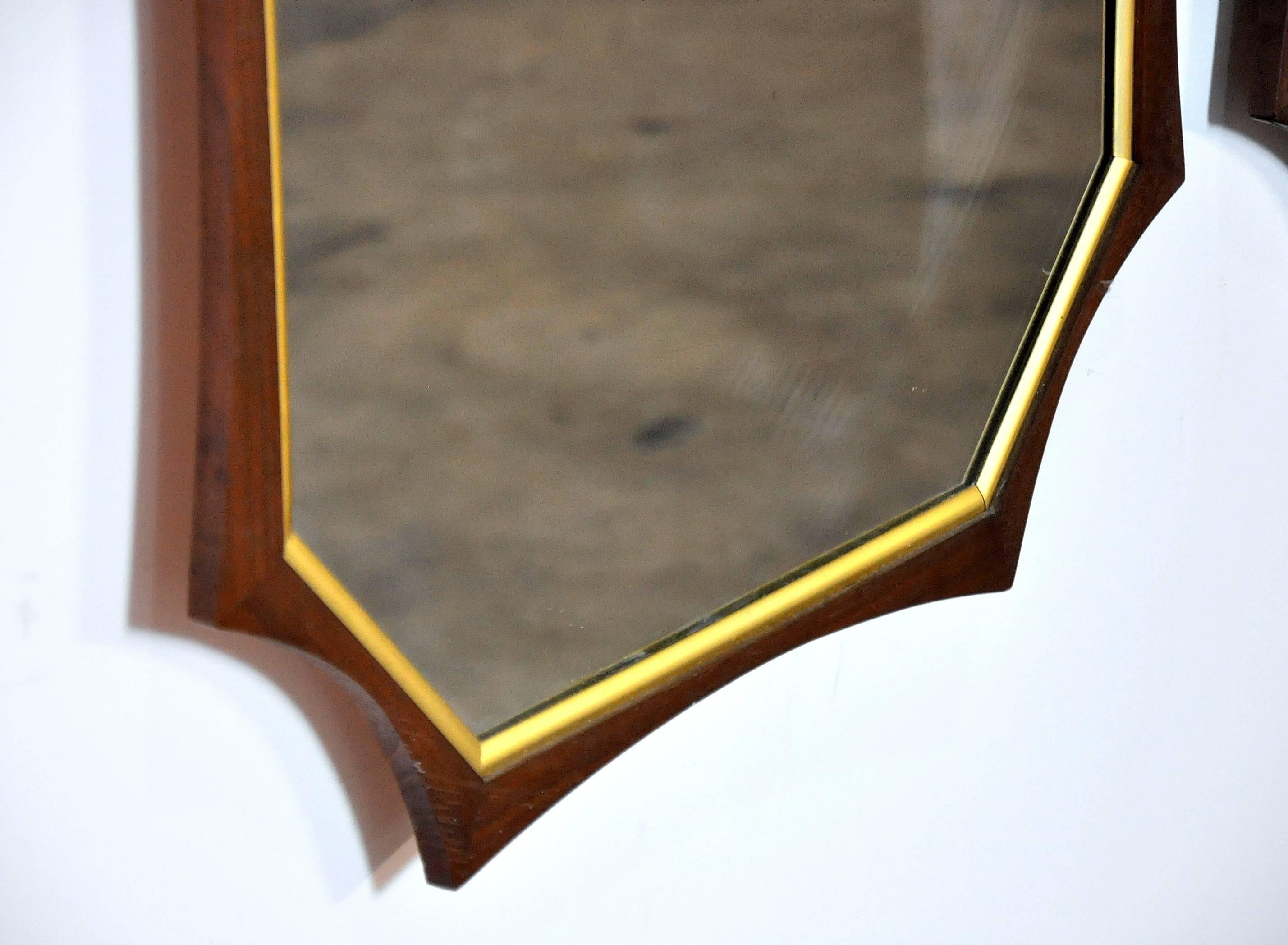 Pair of Sculptural Mid-Century Modern Walnut and Brass Mirrors In Good Condition In Miami, FL