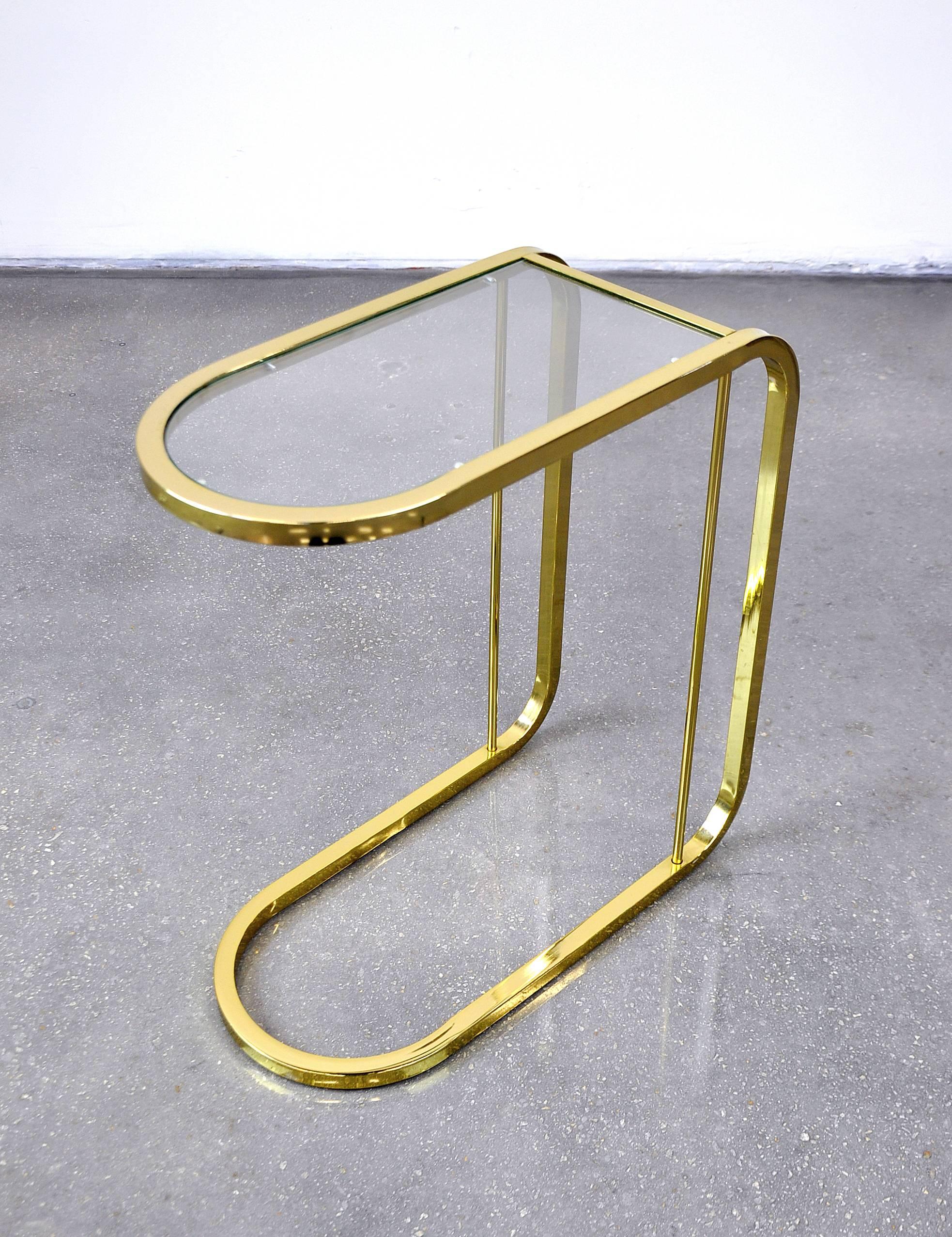American Milo Baughman Style Brass and Glass Cantilever Side Table
