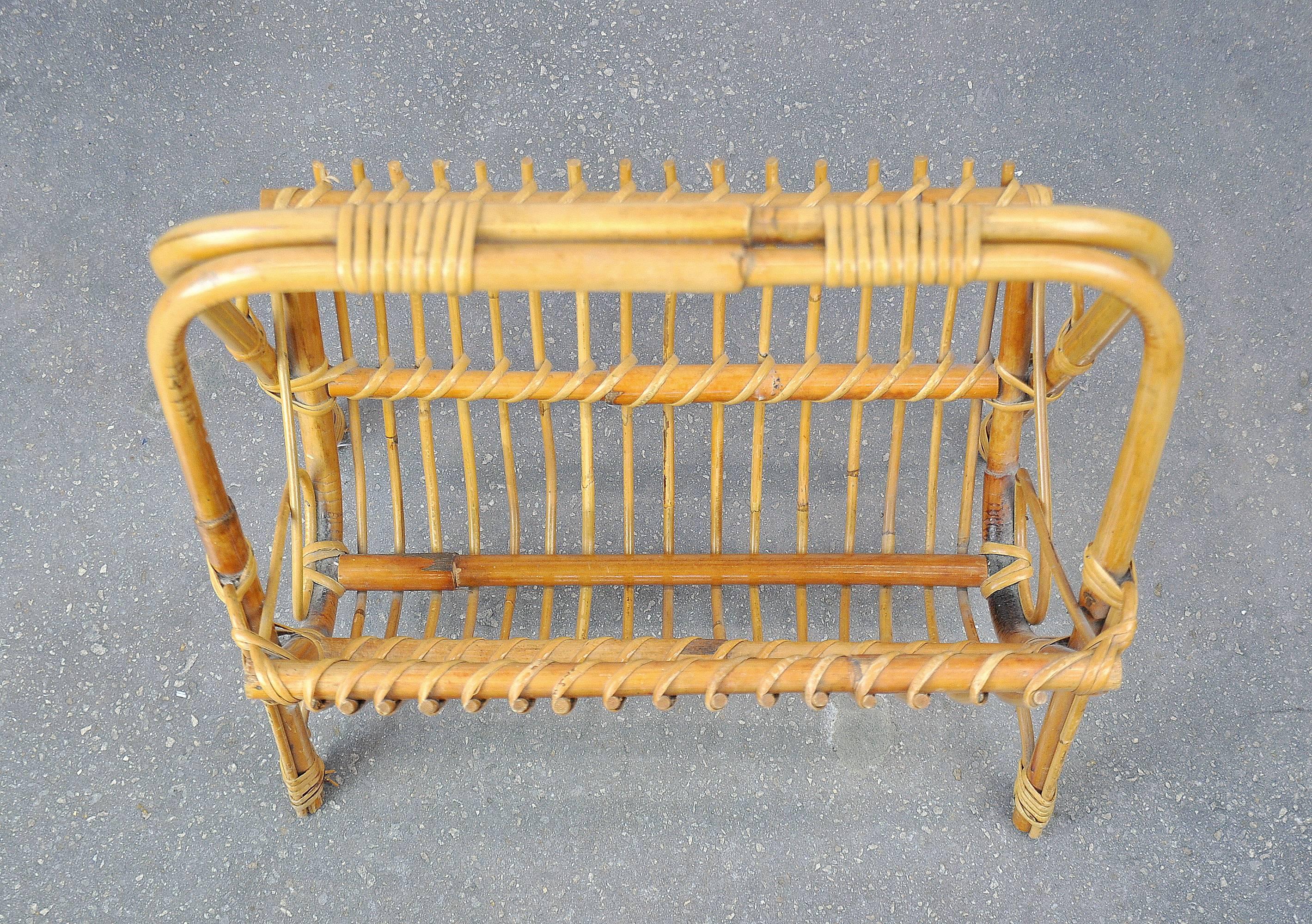 American Franco Albini Style Rattan and Bamboo Magazine Stand