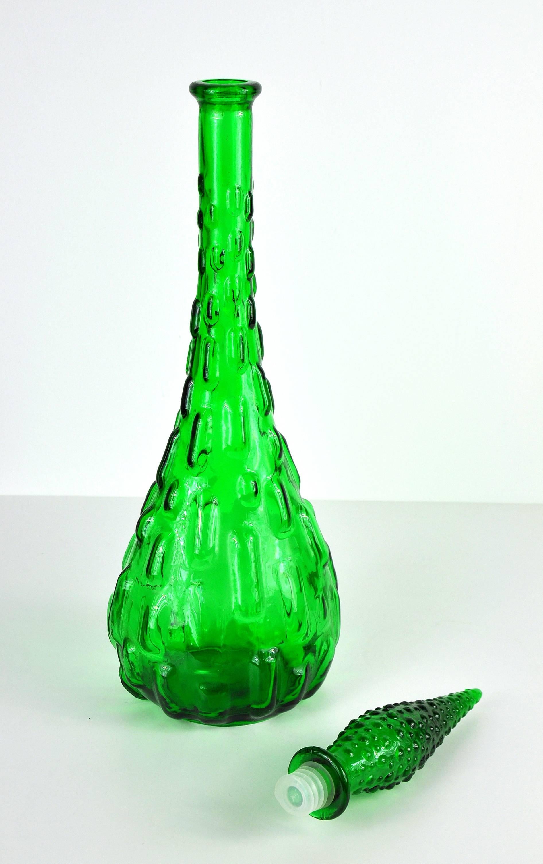 Mid-Century Modern Tall Empoli Emerald Green Art Glass Decanter