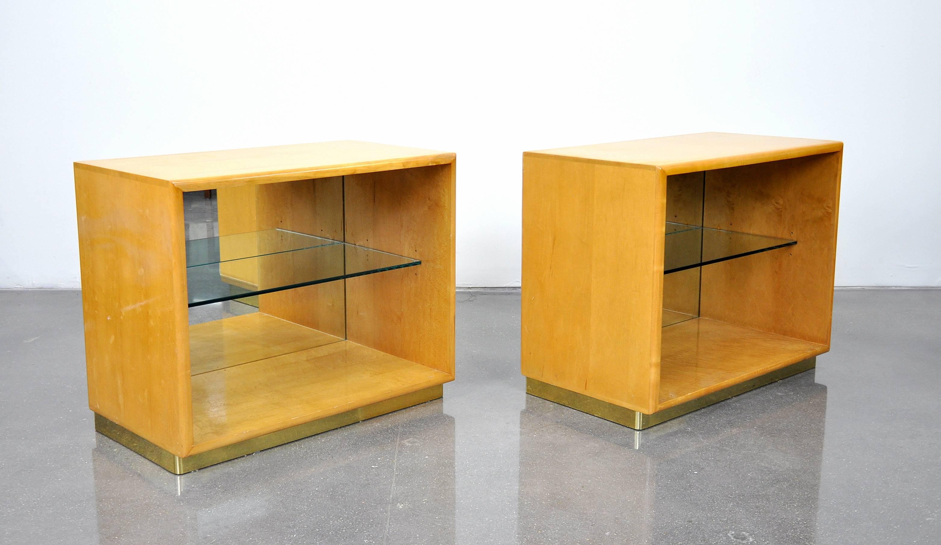 Versatile pair of vintage Mid-Century Modern burlwood occasional tables that can function as large nightstands, side or sofa tables, bookcases, bar cabinet, media consoles or other available. Each end table features bird's-eye maple burl, a mirrored