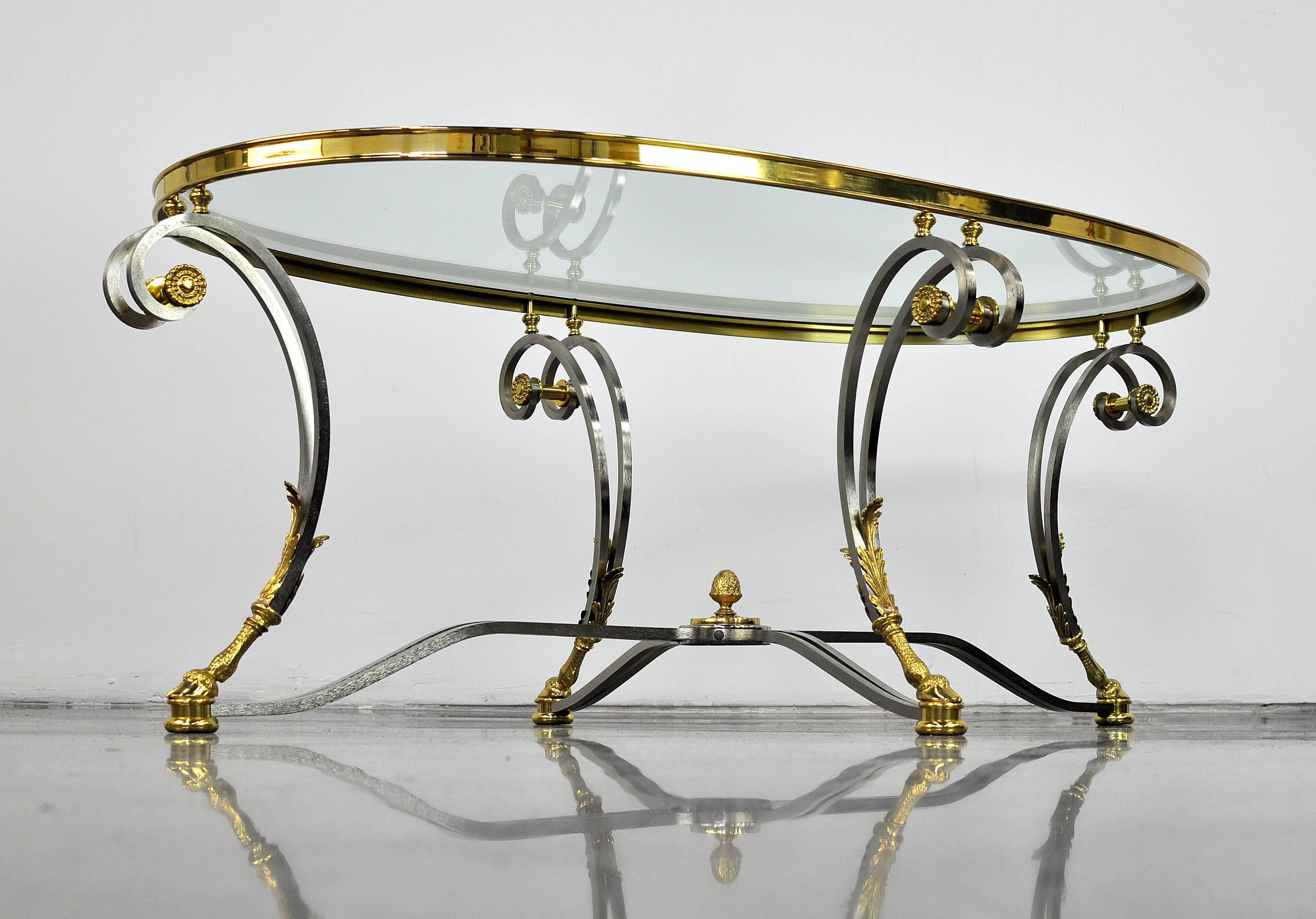 Beveled La Barge Brass, Glass and Polished Steel Coffee Table