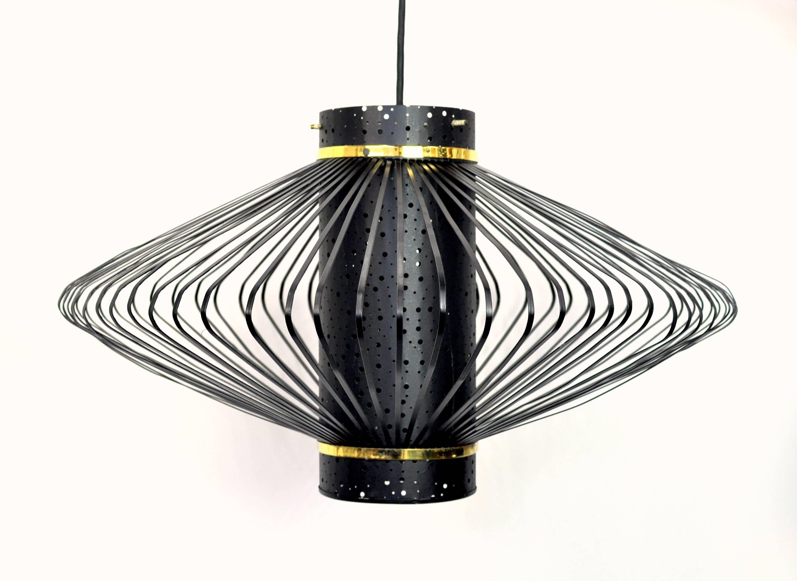 Brass and Black Enameled Metal Pendant Lamp, 1950s For Sale 3