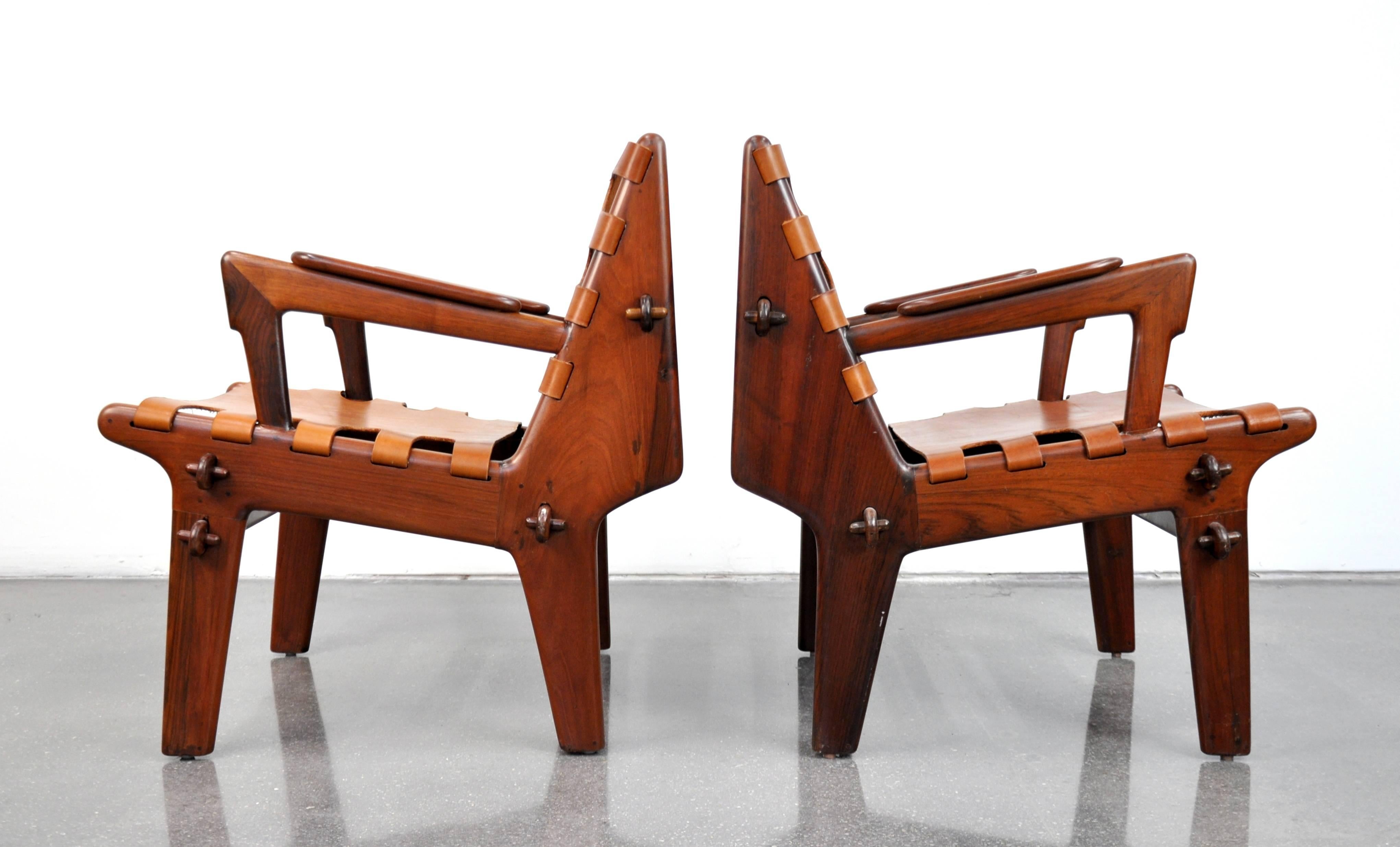Mid-Century Modern Pair of Angel Pazmino Rosewood and Leather Sling Armchairs and Ottoman