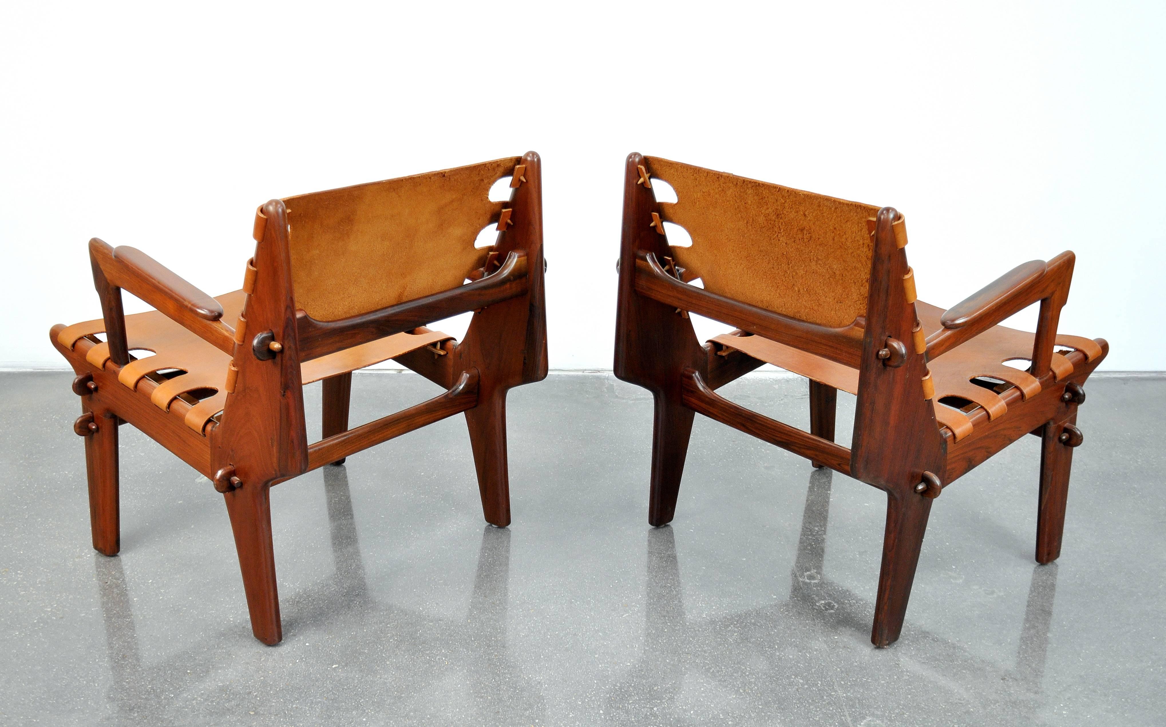 Ecuadorean Pair of Angel Pazmino Rosewood and Leather Sling Armchairs and Ottoman