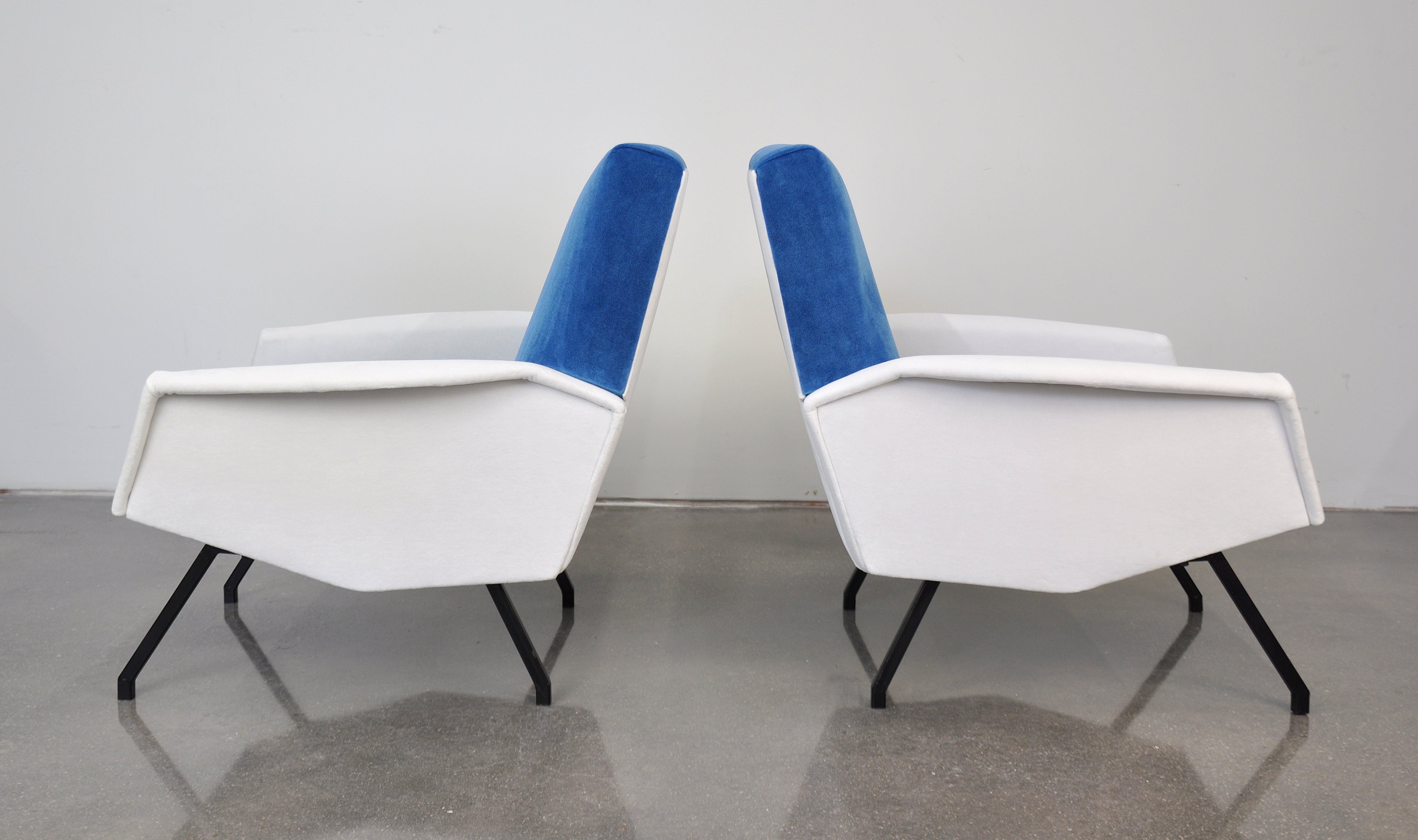 Marco Zanuso Style Blue and White Velvet Lounge Chairs, 1950s 3