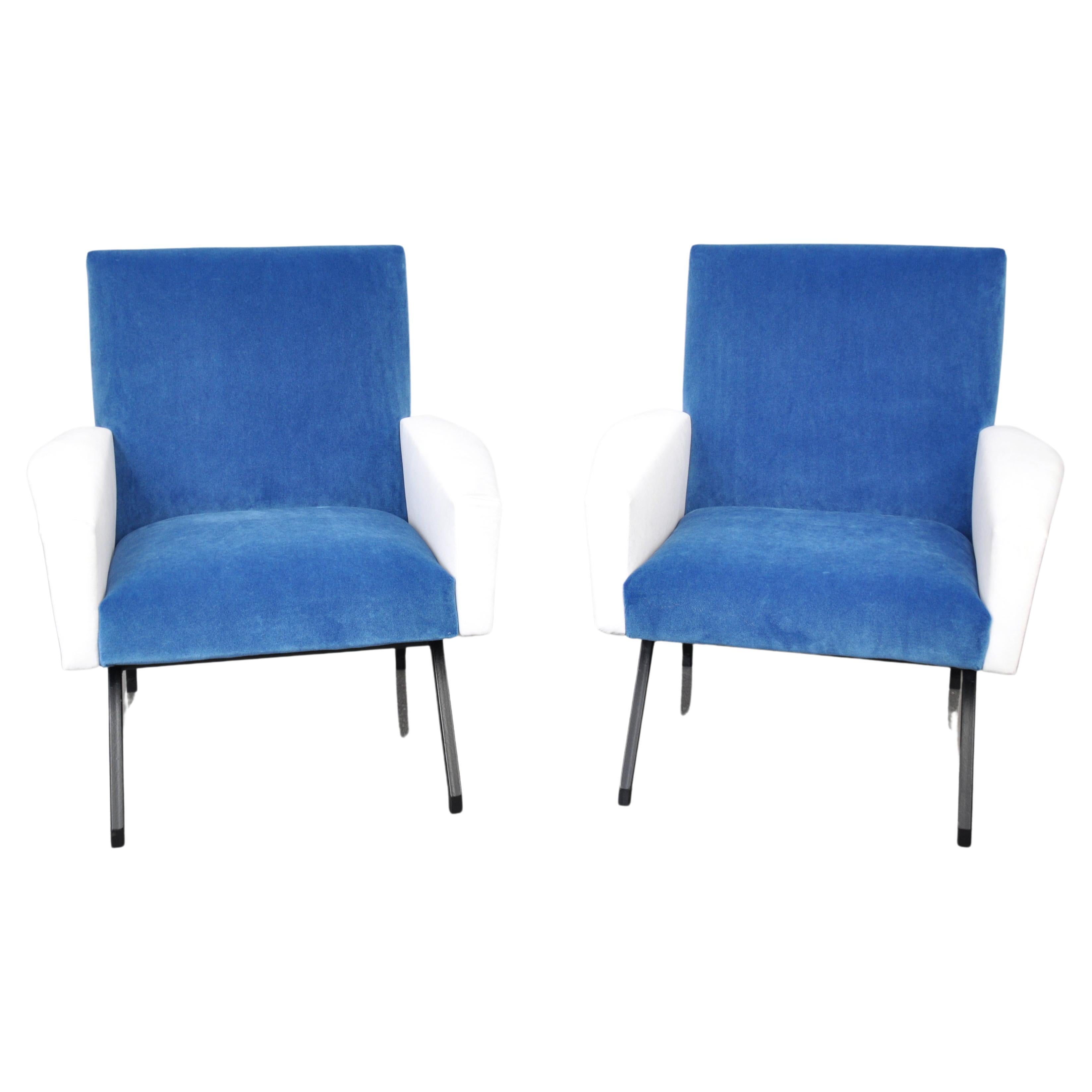 Marco Zanuso Style Blue and White Velvet Lounge Chairs, 1950s 5