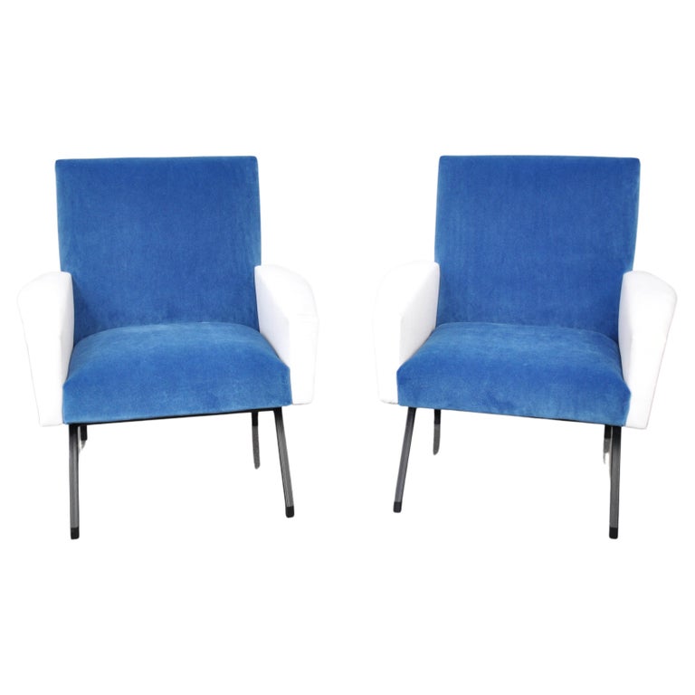 Mid-Century Modern Pair of Mid-Century Blue and White Velvet Lounge Chairs, France, 1950s For Sale