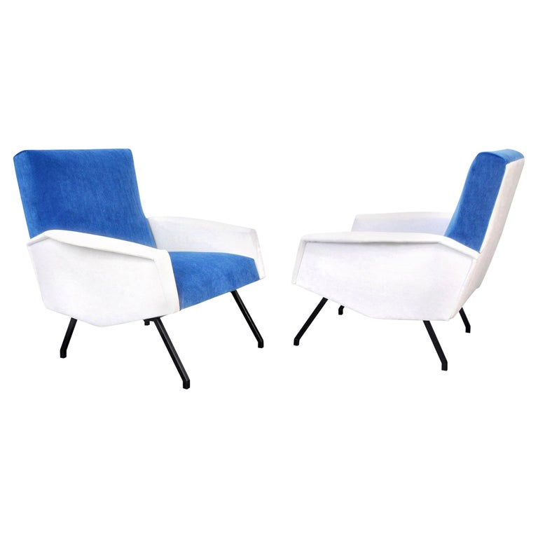 Pair of Mid-Century Blue and White Velvet Lounge Chairs, France, 1950s For Sale