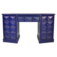Mid-Century Modern Blue Lacquer and Brass Diamond Front Desk