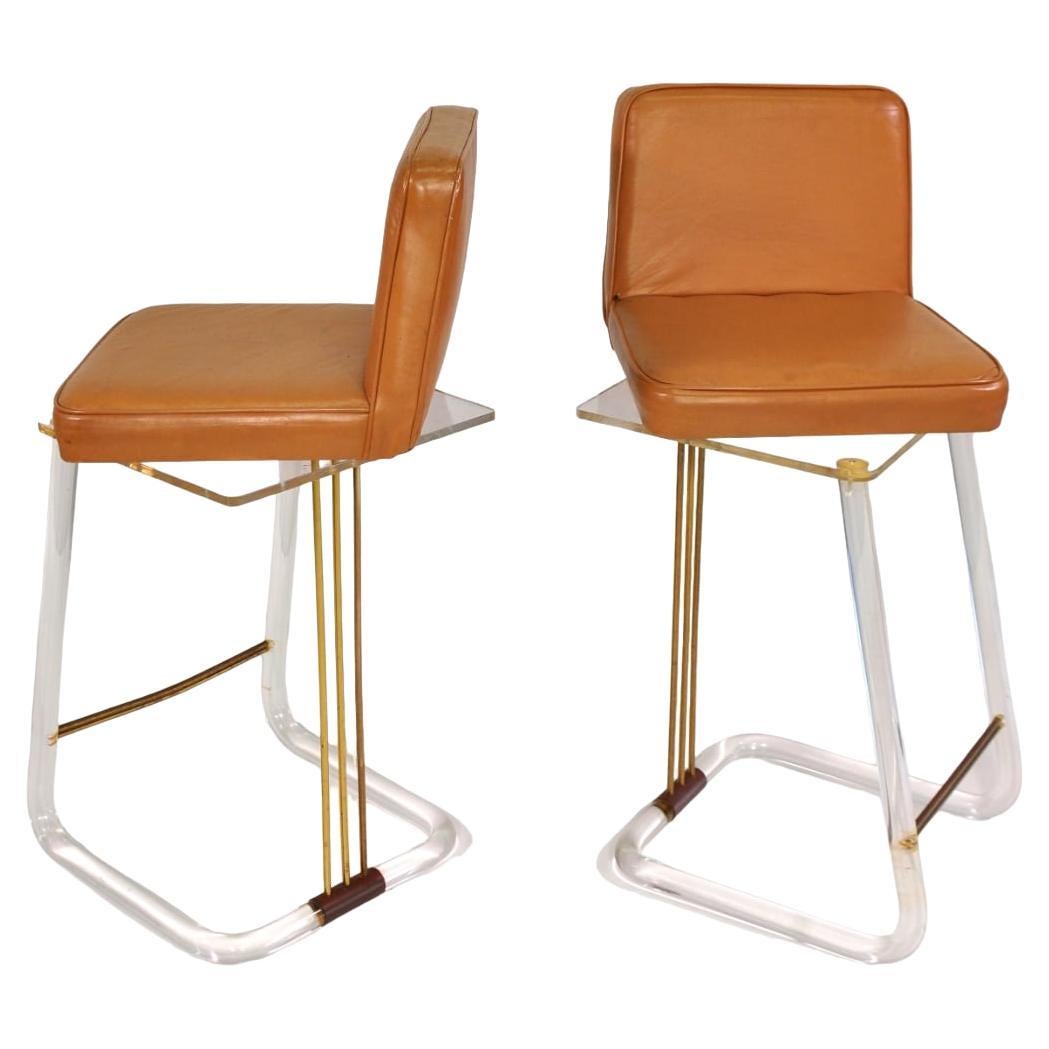 Caramel Leather and Lucite Swivel Bar Stools by Lion in Frost