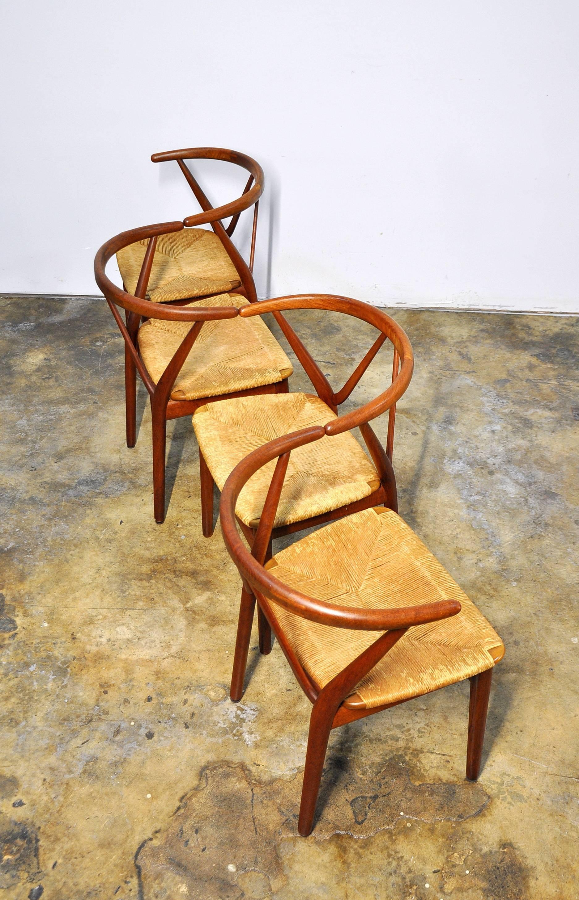 Scandinavian Modern Set of Four Henning Kjaernulf for Bruno Hansen Model 225 Teak Dining Chairs