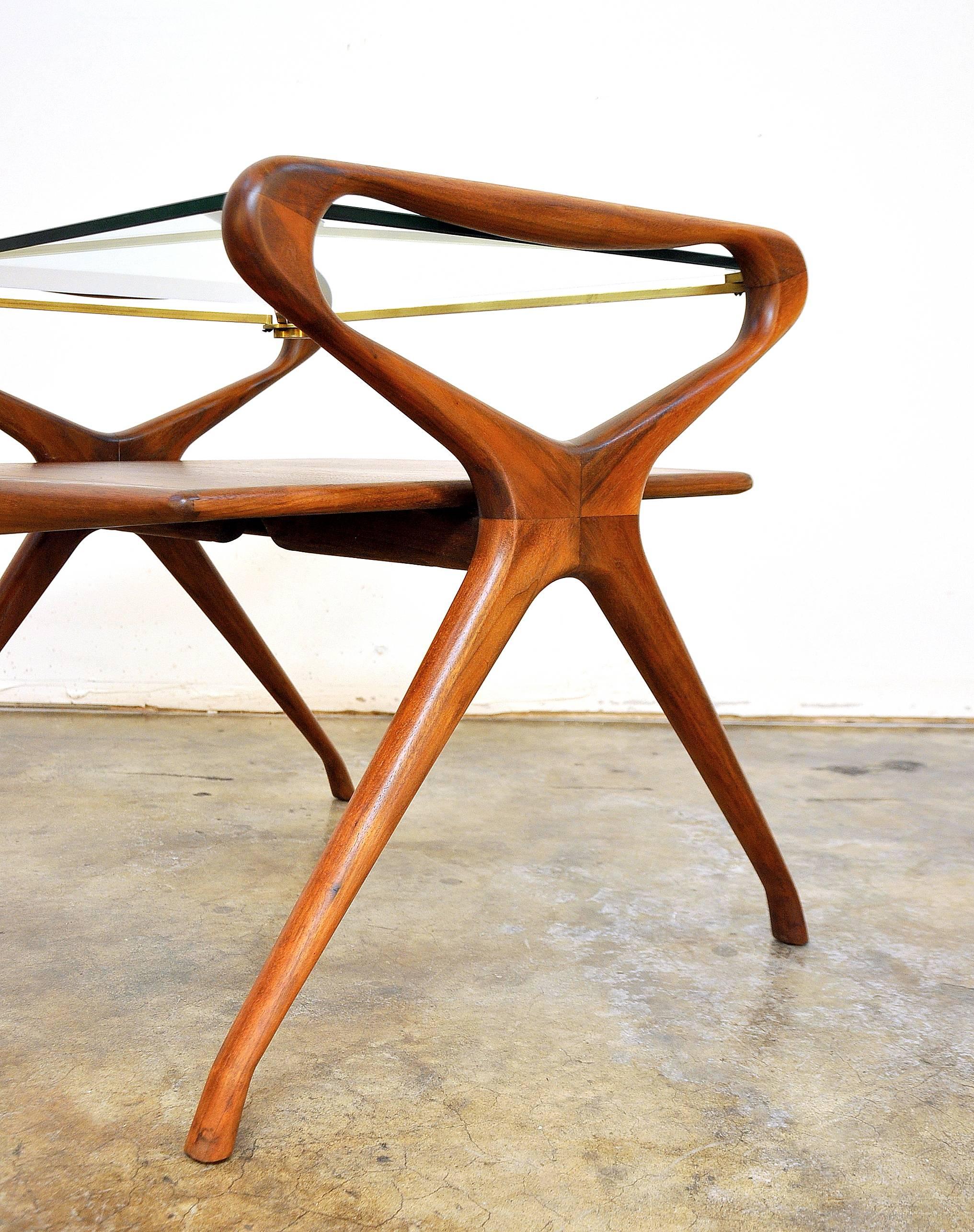 Mid-20th Century Italian Mid-Century Modern Walnut, Brass and Glass Two-Tier Side Table, 1950s