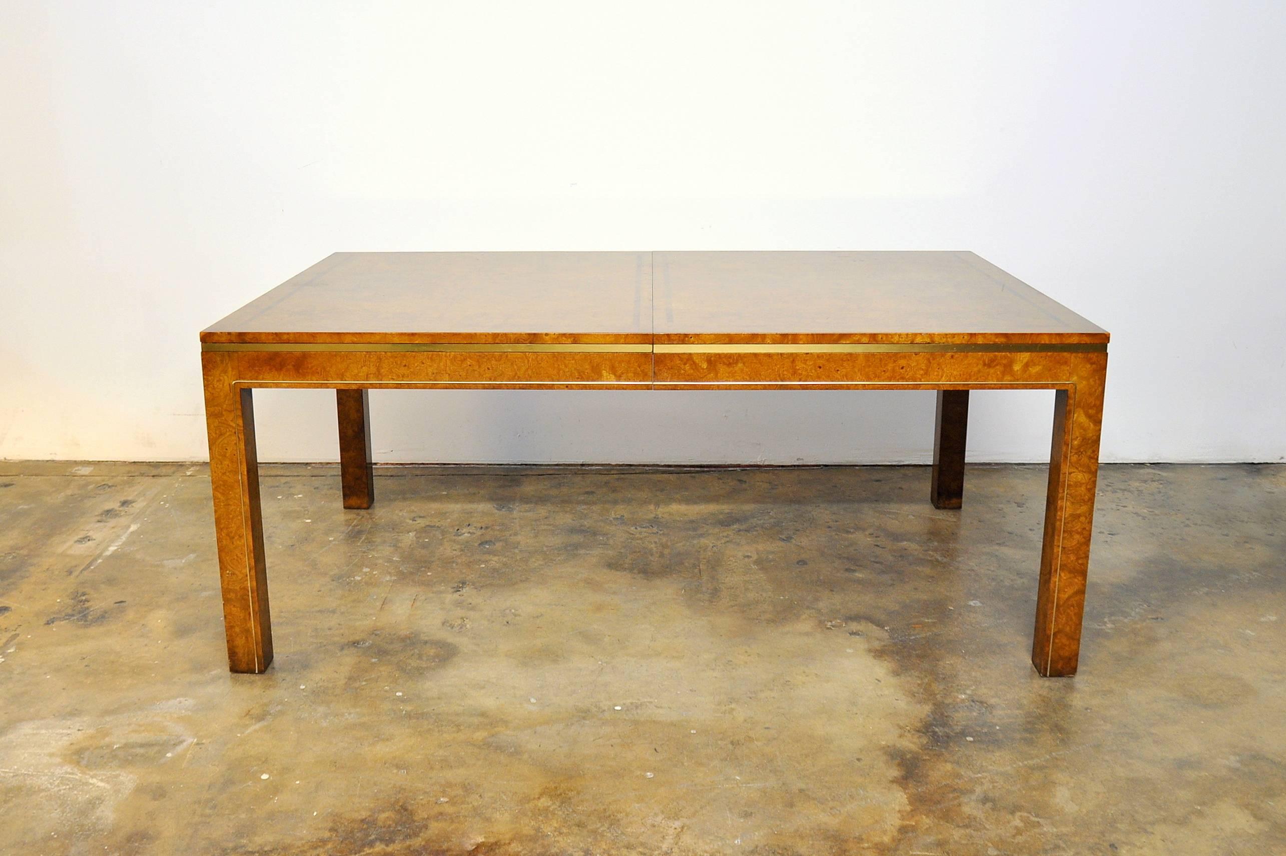 American Mastercraft Amboyna Burl, Rosewood and Brass Extension Dining Table