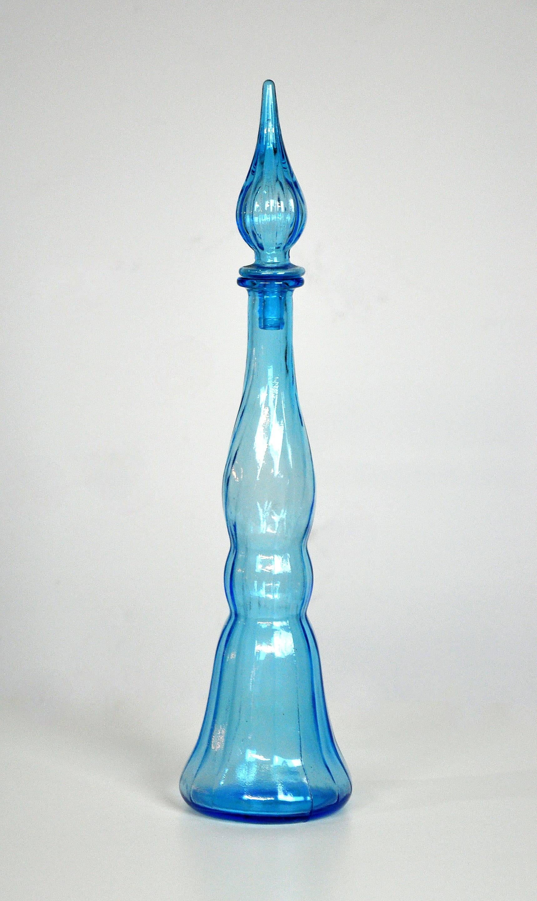 Mid-Century Modern Empoli Italian Art Glass Sky Blue Decanter