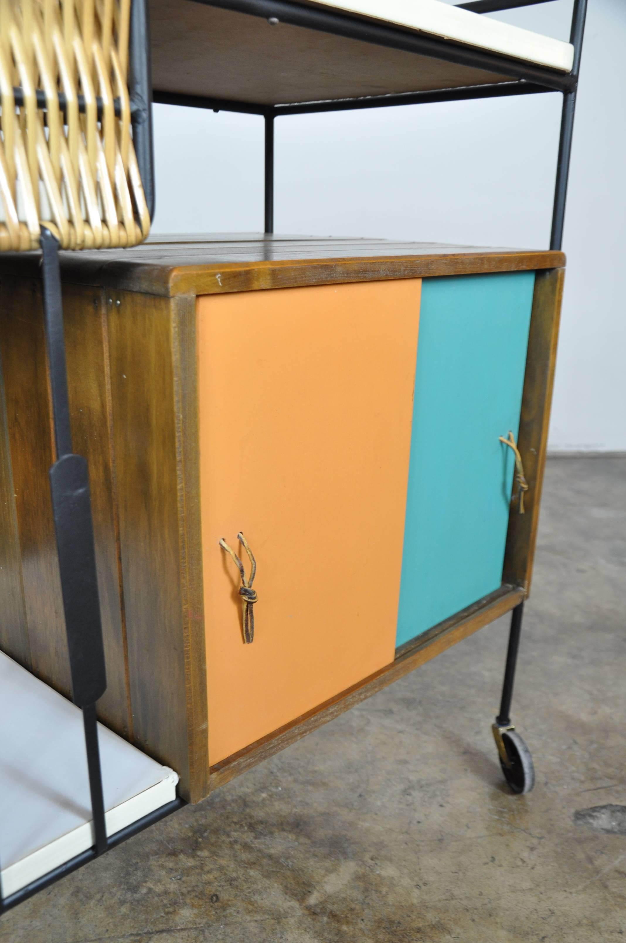 Mid-20th Century Arthur Umanoff Wrought Iron, Wood and Leather Bar Cart