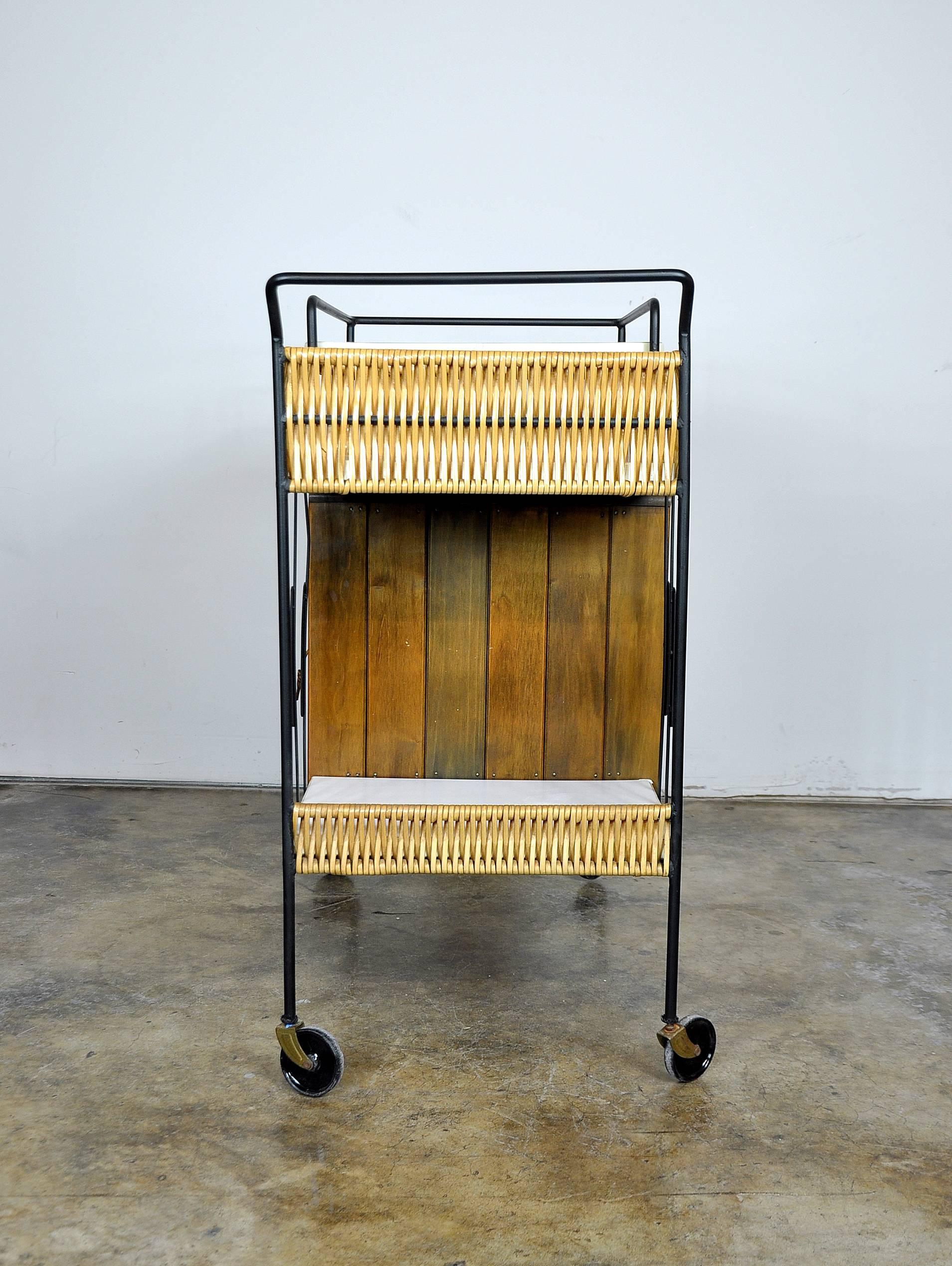 Mid-Century Modern Arthur Umanoff Wrought Iron, Wood and Leather Bar Cart