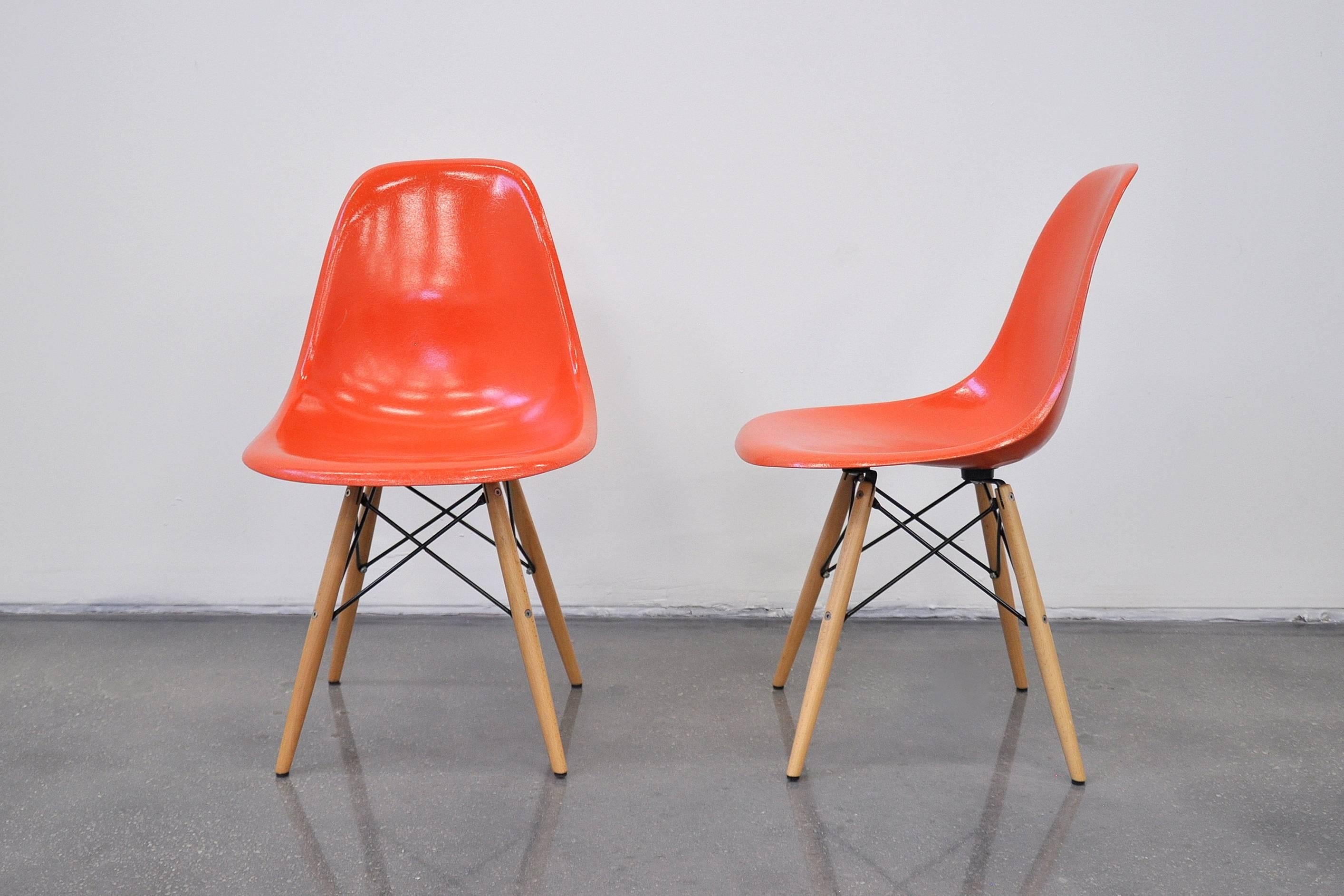 Mid-Century Modern Eames Herman Miller Orange Fiberglass Dowel Chairs