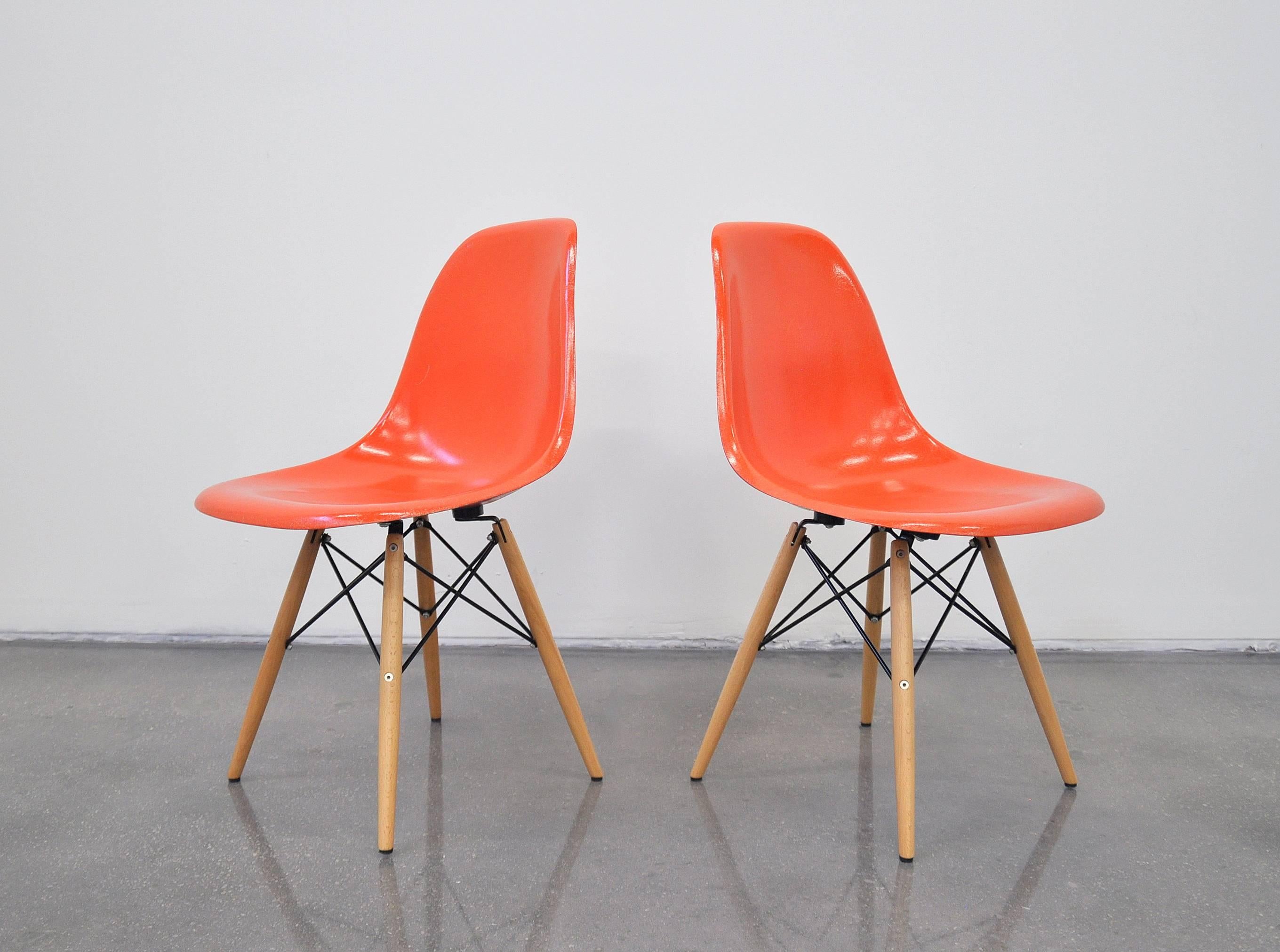 Mid-20th Century Eames Herman Miller Orange Fiberglass Dowel Chairs