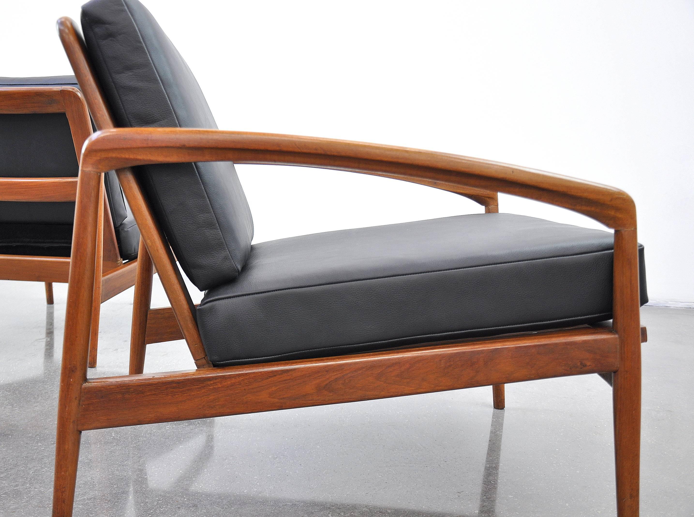 Pair of Danish Modern Black Leather and Teak Lounge Chairs 1
