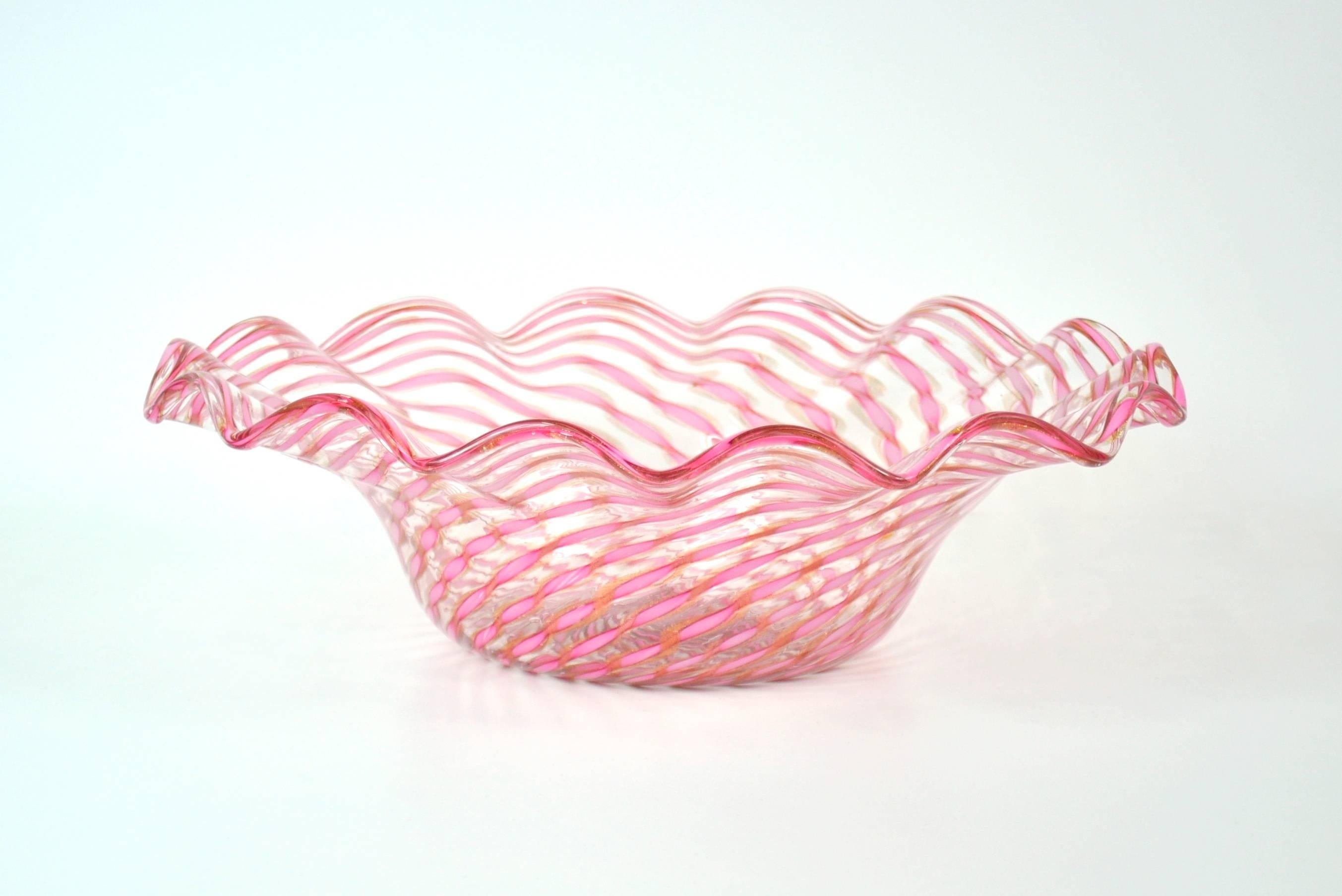 Salviati Light Pink and Copper Aventurine Murano Glass Large Bowl 2