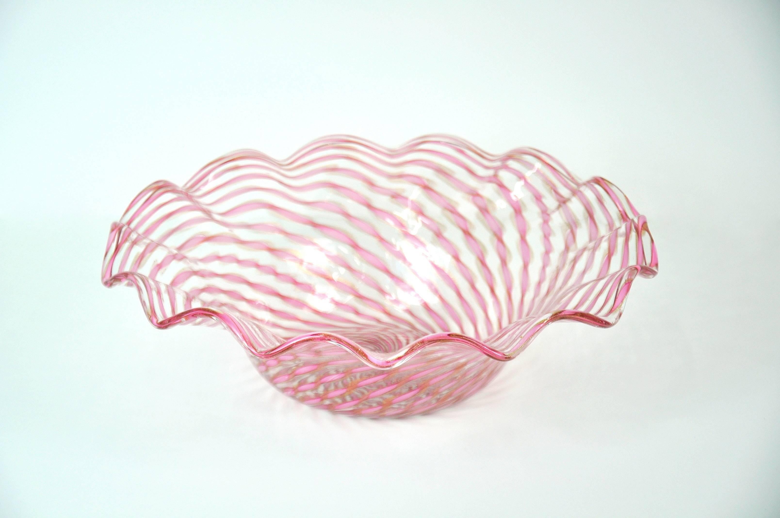 Salviati Light Pink and Copper Aventurine Murano Glass Large Bowl 1