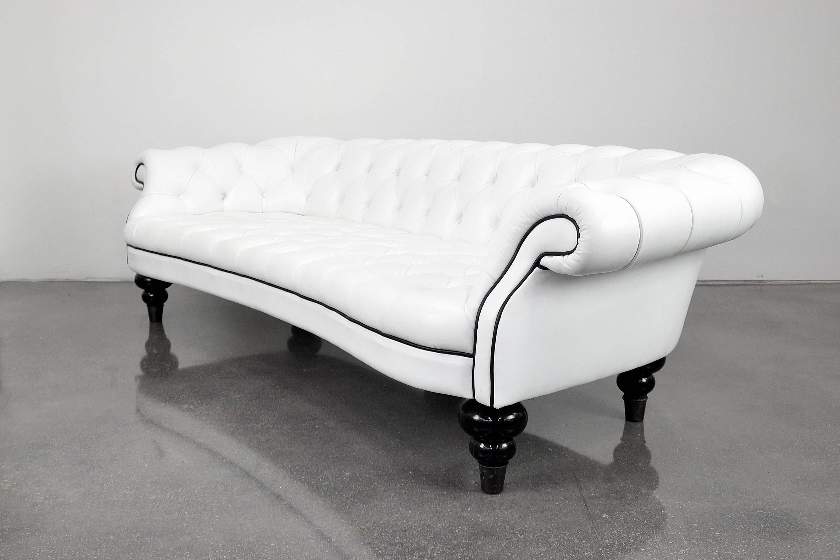 Italian White and Black Leather Chesterfield Sofa