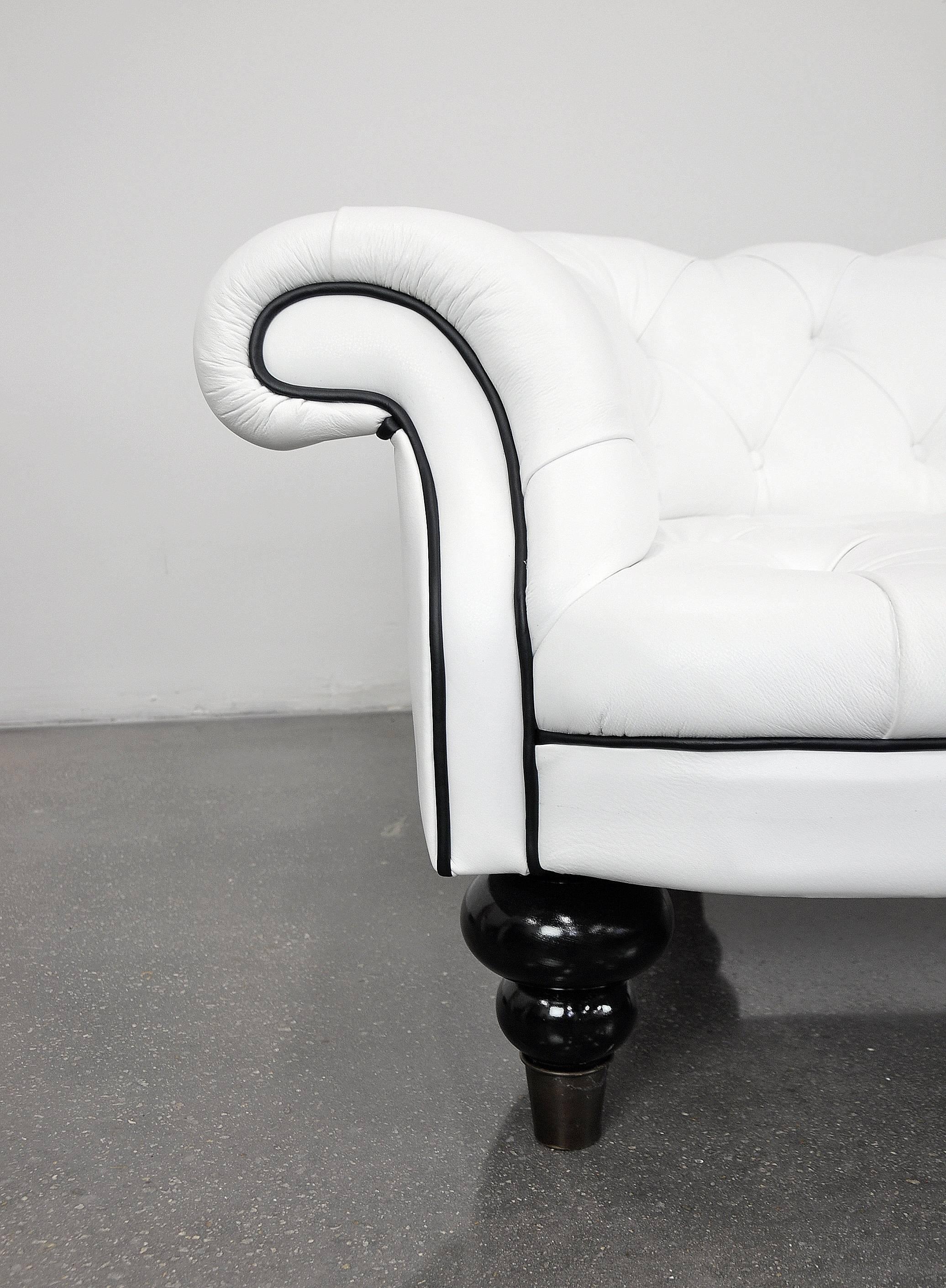 Contemporary White and Black Leather Chesterfield Sofa