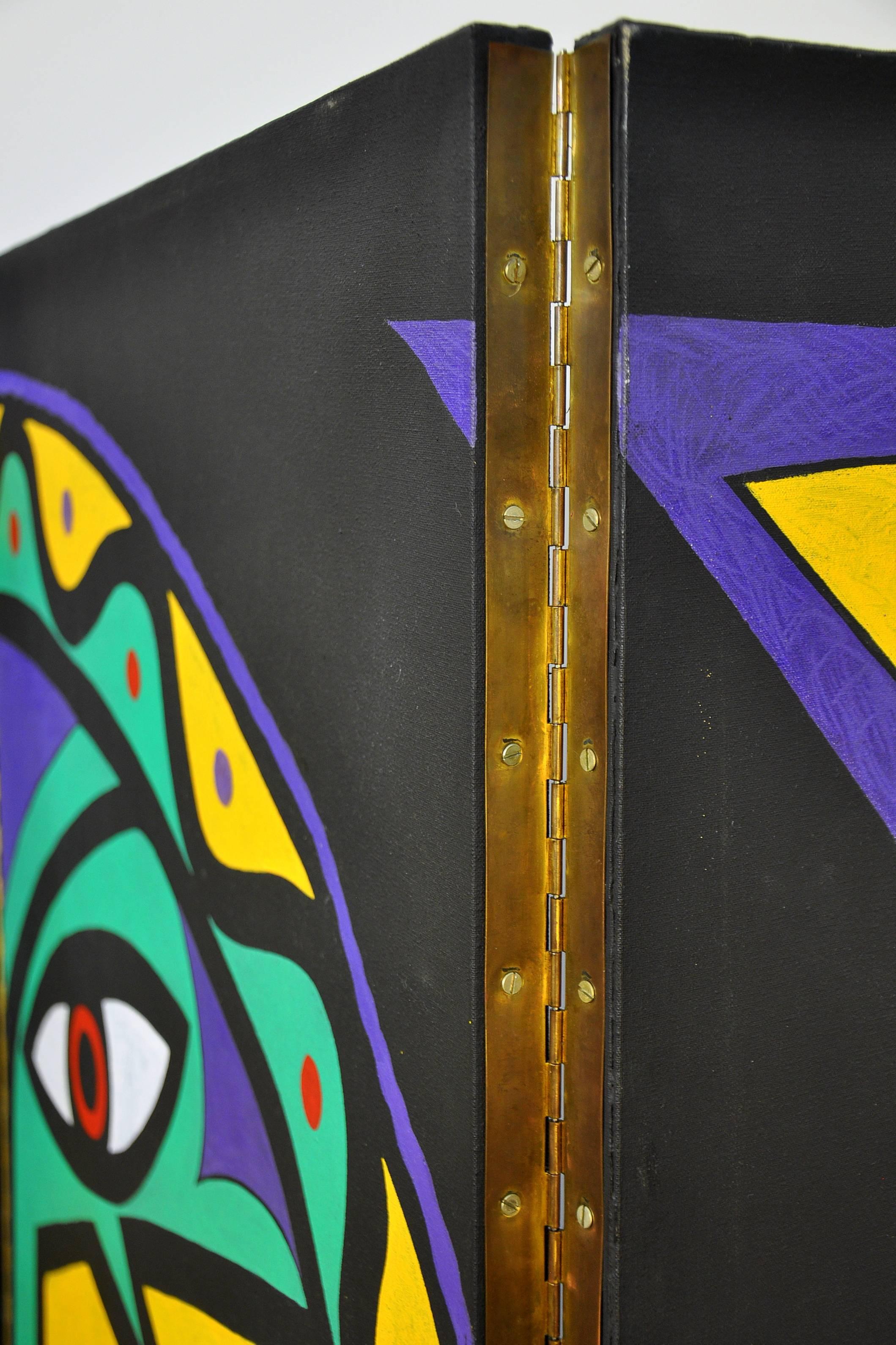 Mid-20th Century Maximalist Four-Panel Hand Painted Screen, After Jean Cocteau, 1950s For Sale