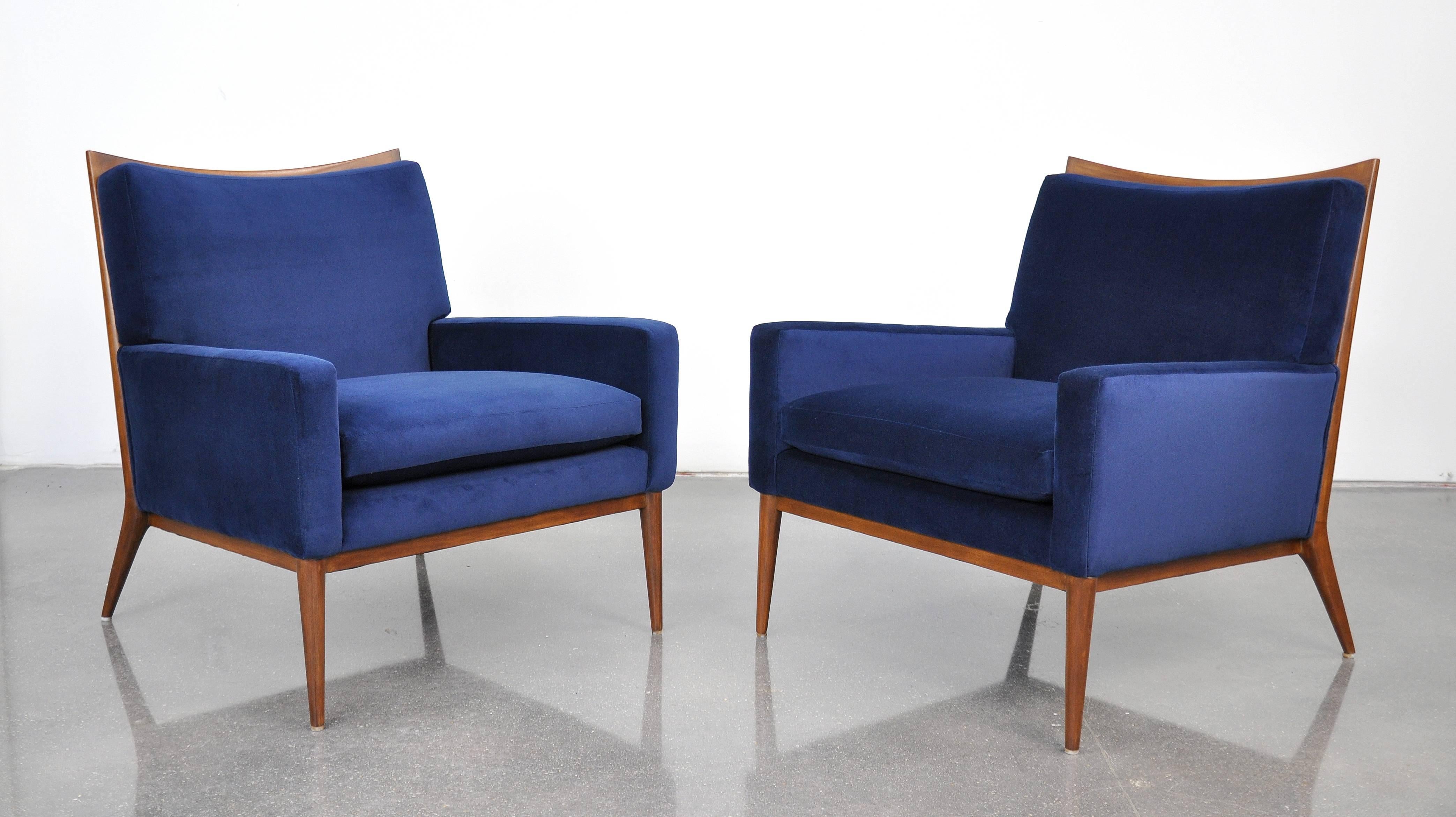 Mid-20th Century Pair of Paul McCobb for Directional Blue Velvet Lounge Chairs