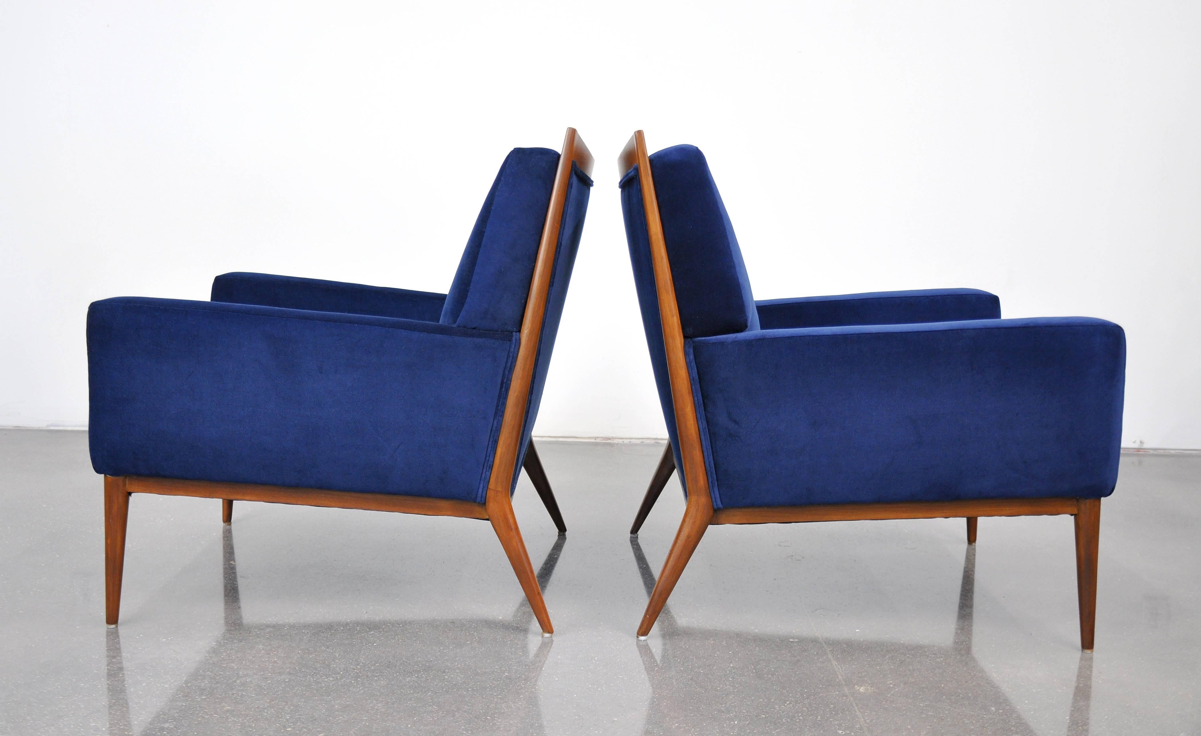 American Pair of Paul McCobb for Directional Blue Velvet Lounge Chairs