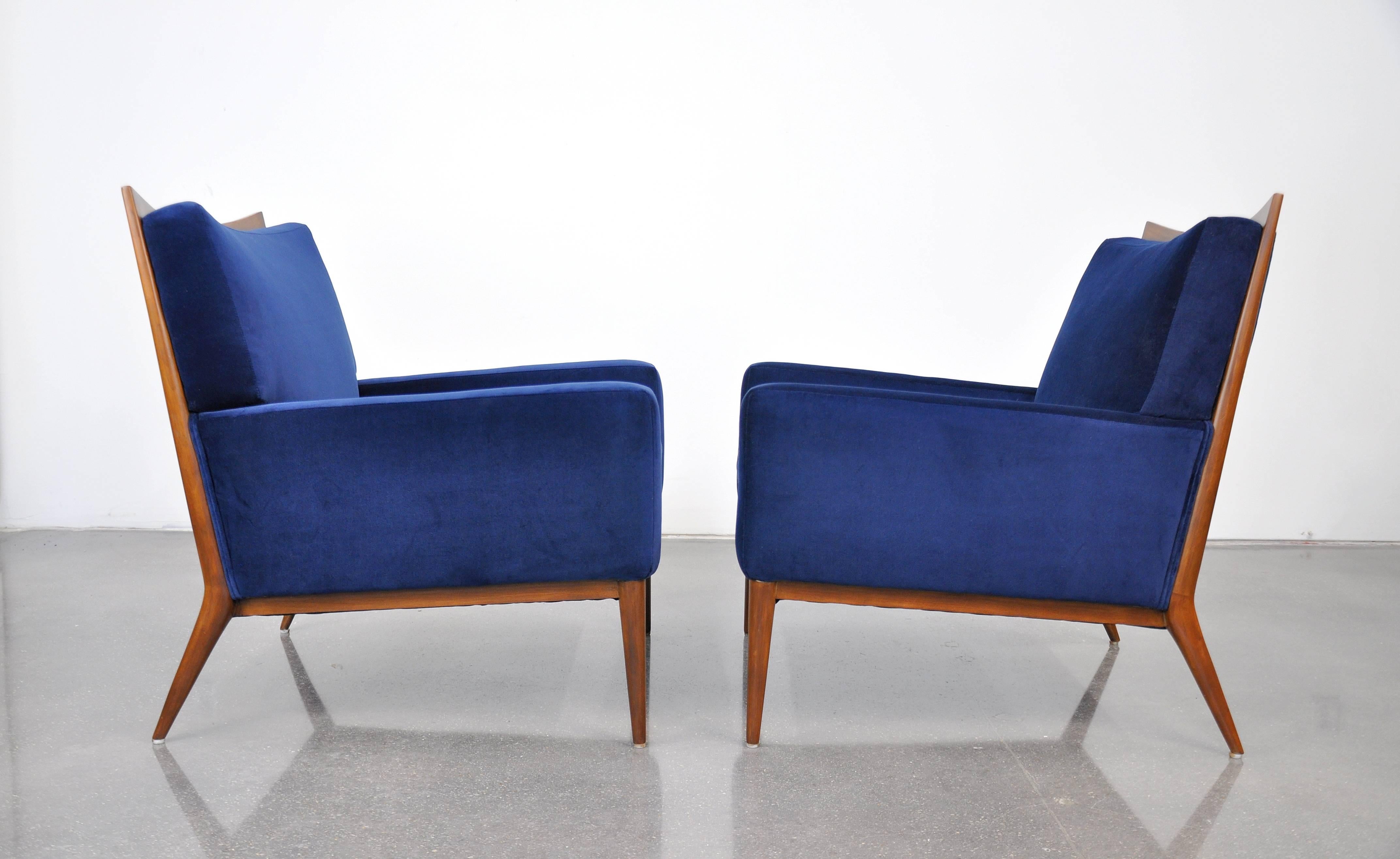 Pair of Paul McCobb for Directional Blue Velvet Lounge Chairs In Excellent Condition In Miami, FL