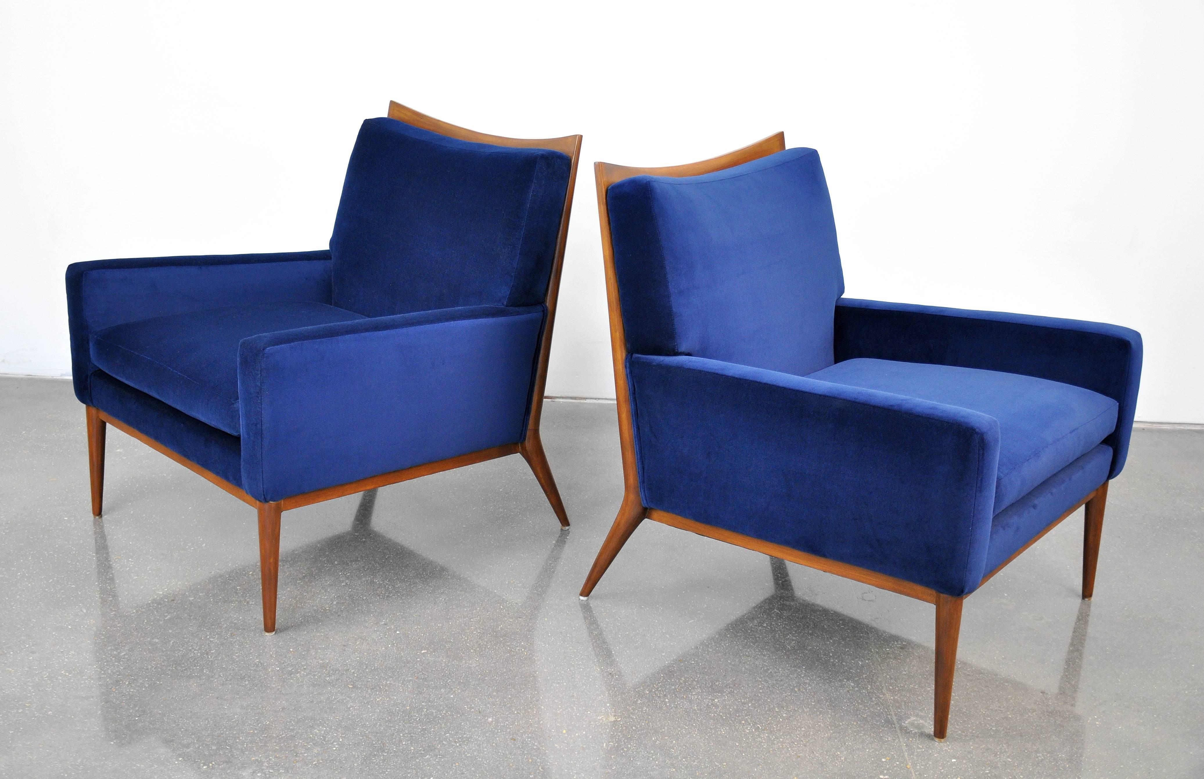 Mid-Century Modern Pair of Paul McCobb for Directional Blue Velvet Lounge Chairs