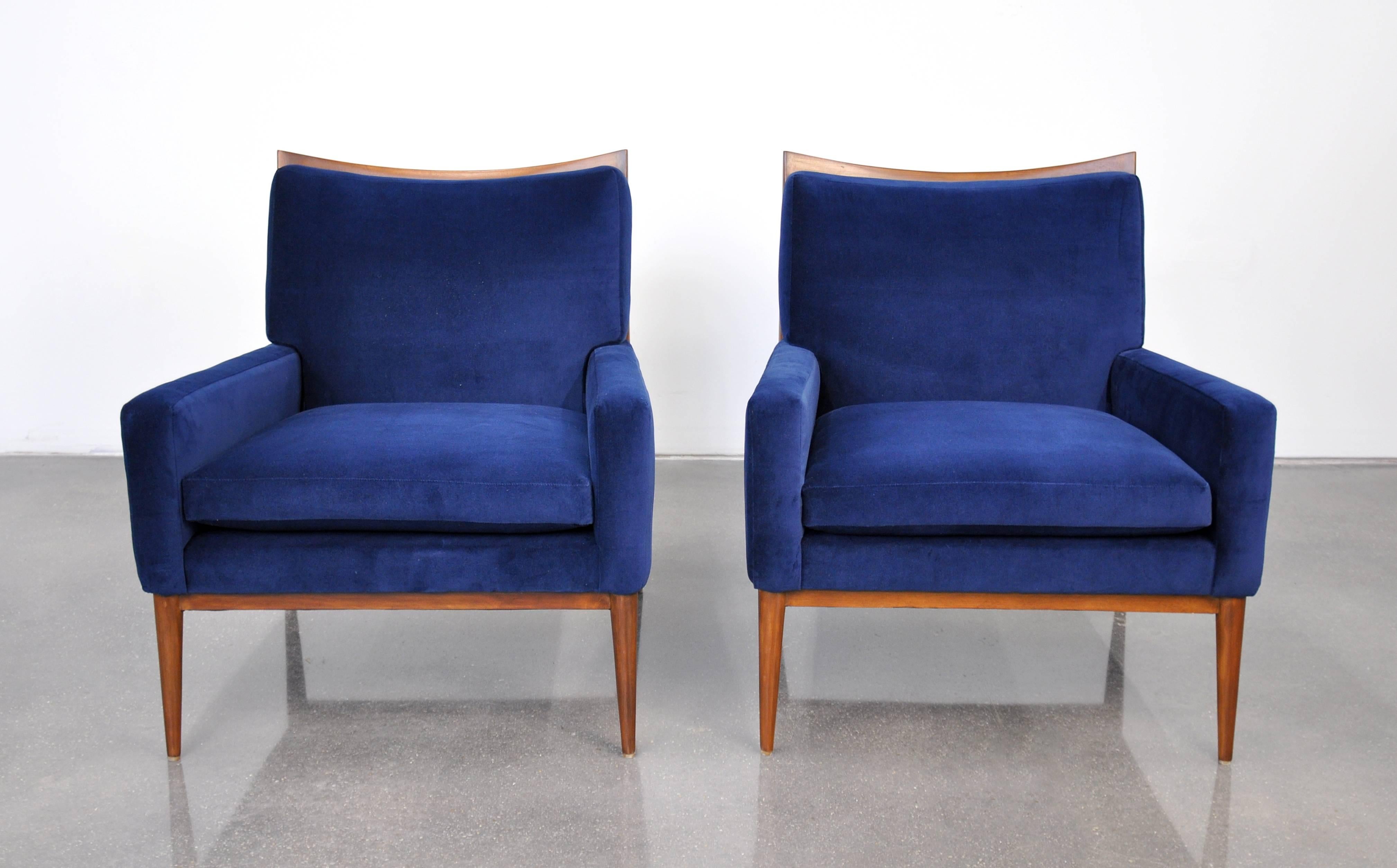 Pair of Paul McCobb for Directional Blue Velvet Lounge Chairs 1