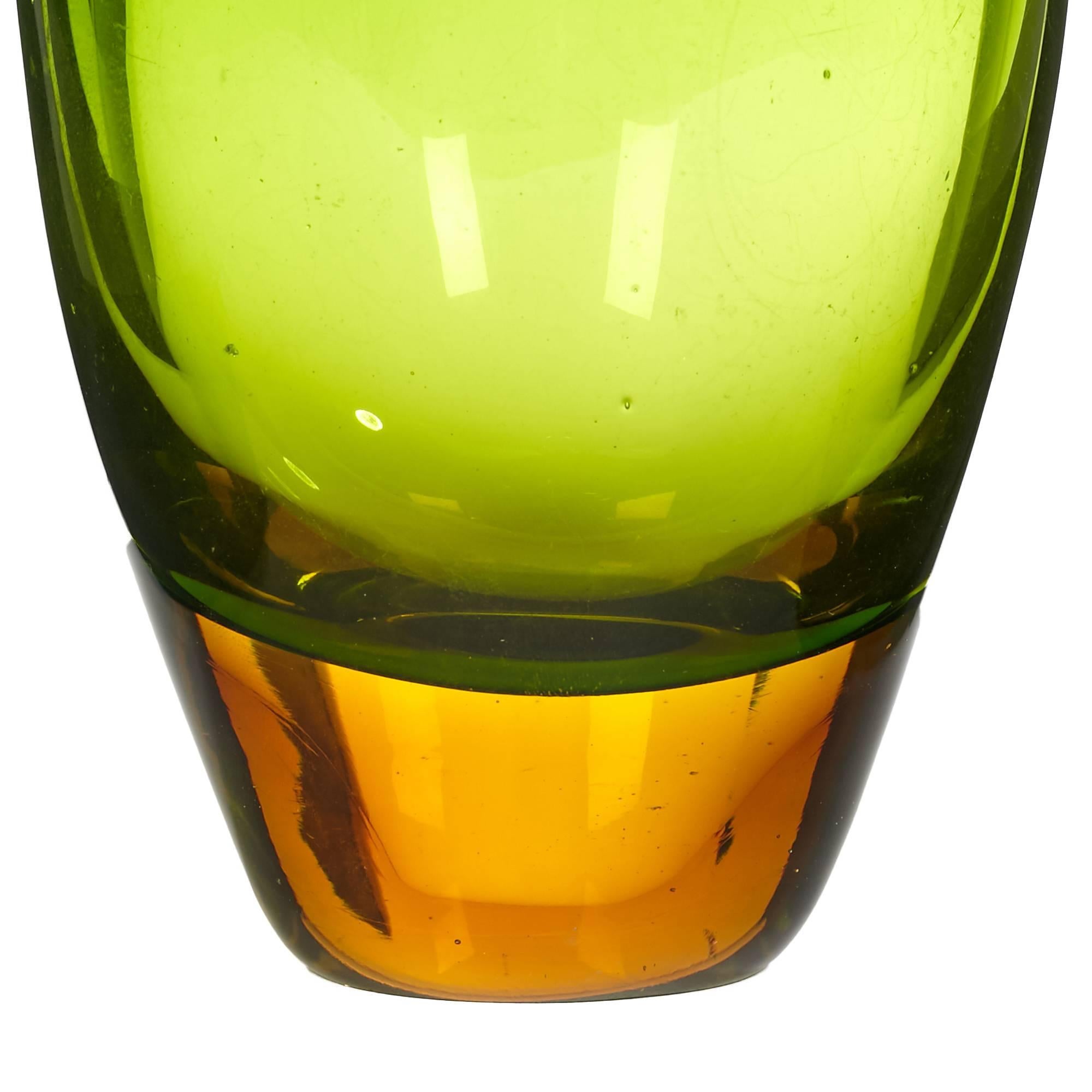 Italian Murano Sommerso Green and Amber Glass Vase
