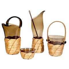 Retro 1960s Italian Glass Beverage Set with Rattan Accents, Set of Four